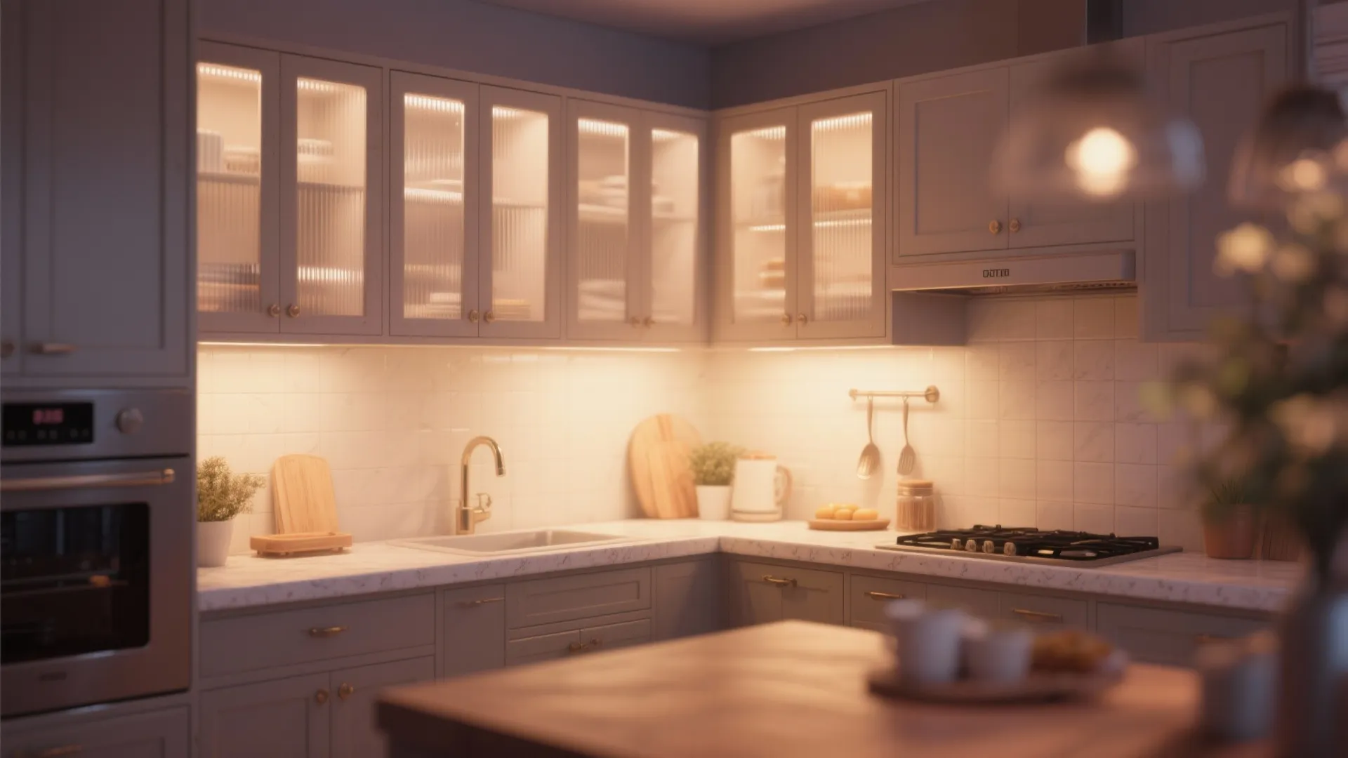 Kitchen with frosted glass cabinet doors diffusing light and concealing contents