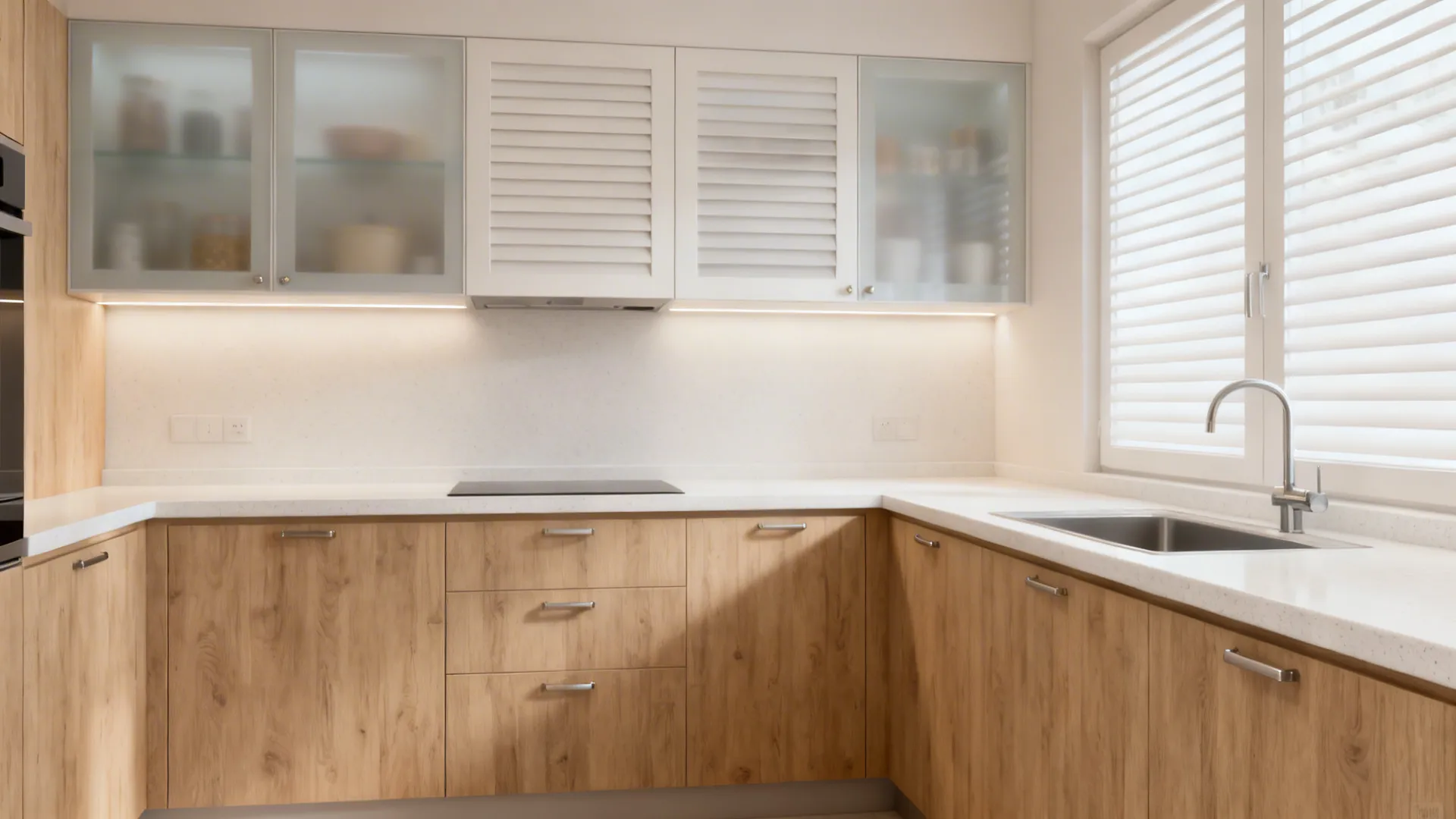 Modern kitchen with wooden cabinets white counter top frosted glass doors and sink near window