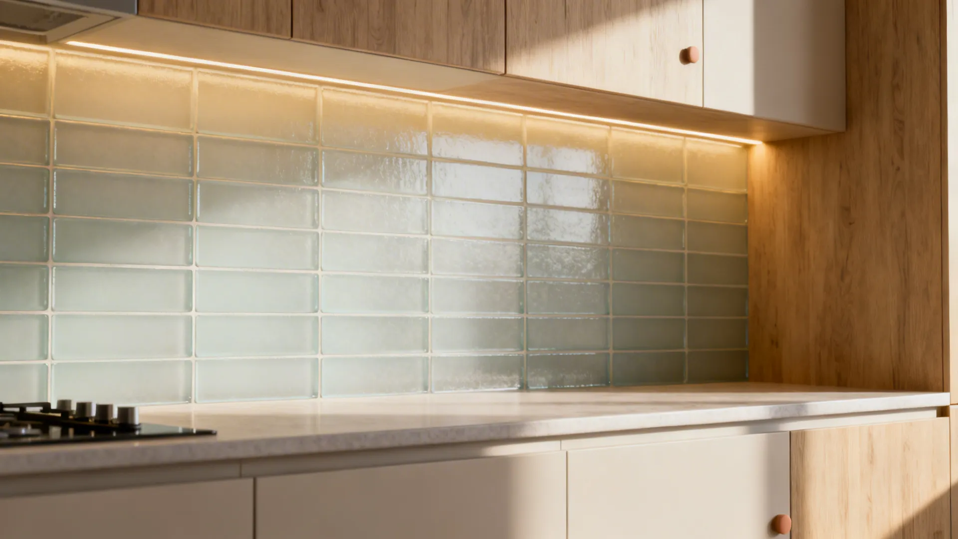 Scandinavian kitchen with frosted glass tile backsplash and matte grout under warm under-cabinet lighting.