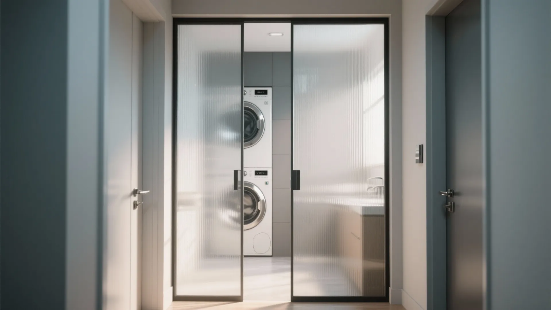 Modern laundry area with stacked washing machines visible through black framed frosted glass sliding doors