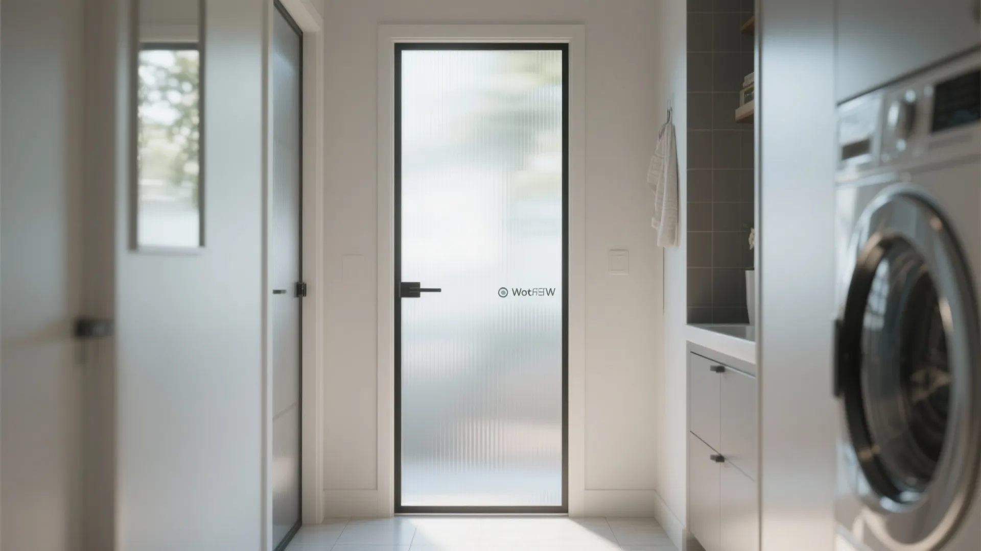 Modern laundry room with black frame frosted glass door beside a large silver washing machine