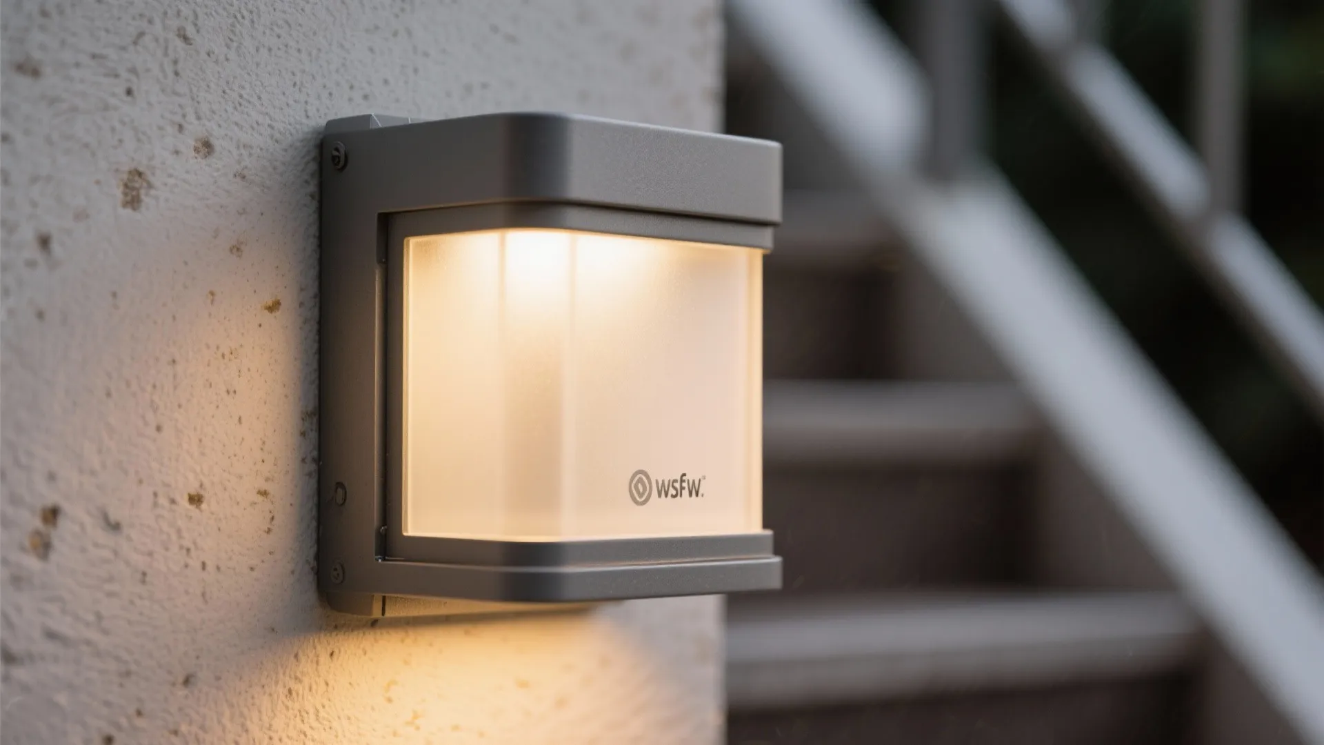 Macro of a frosted glass outdoor wall light casting soft 3000K illumination for low glare.