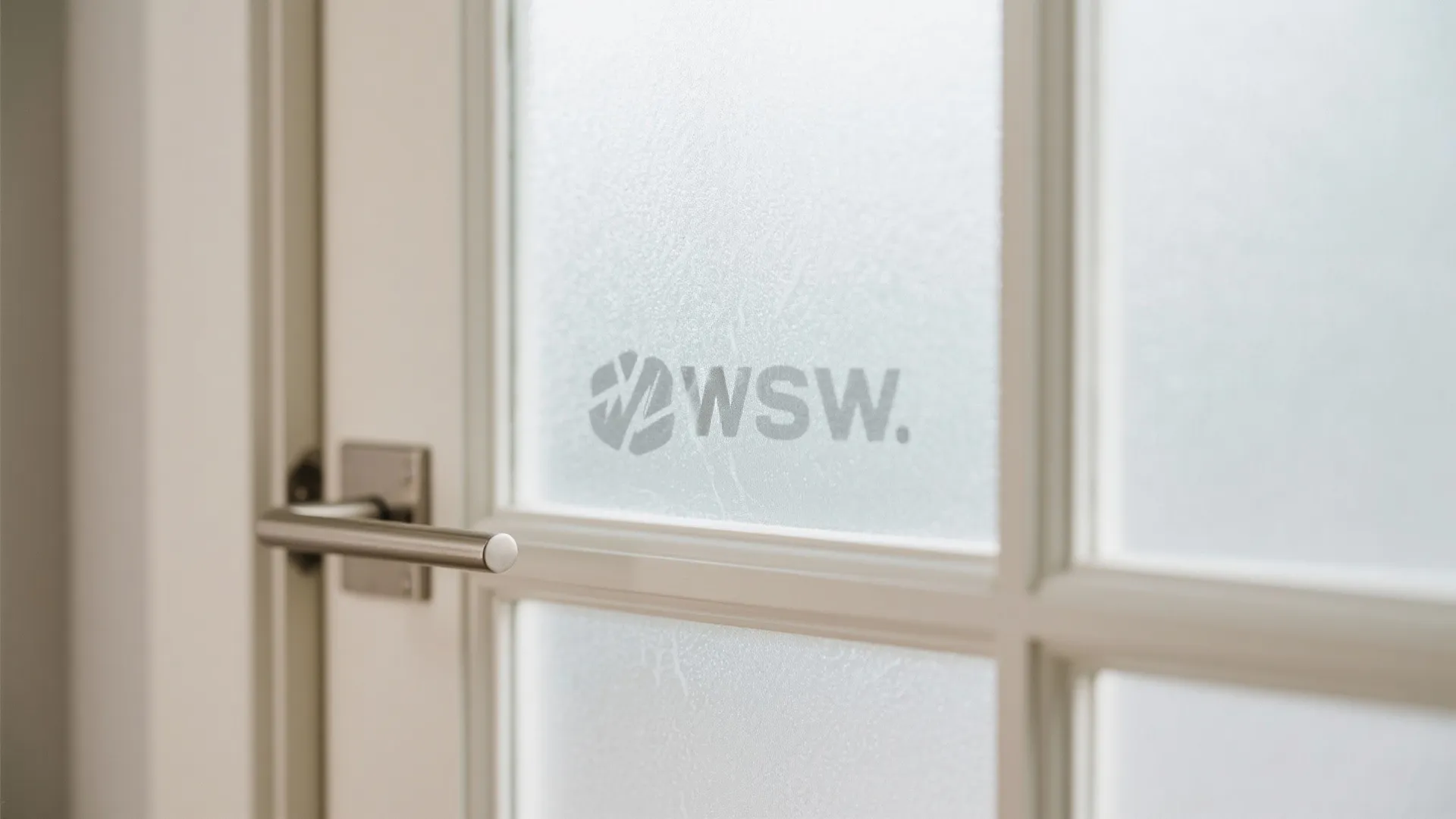 Close up view of frosted glass door with metal handle and small logo in center