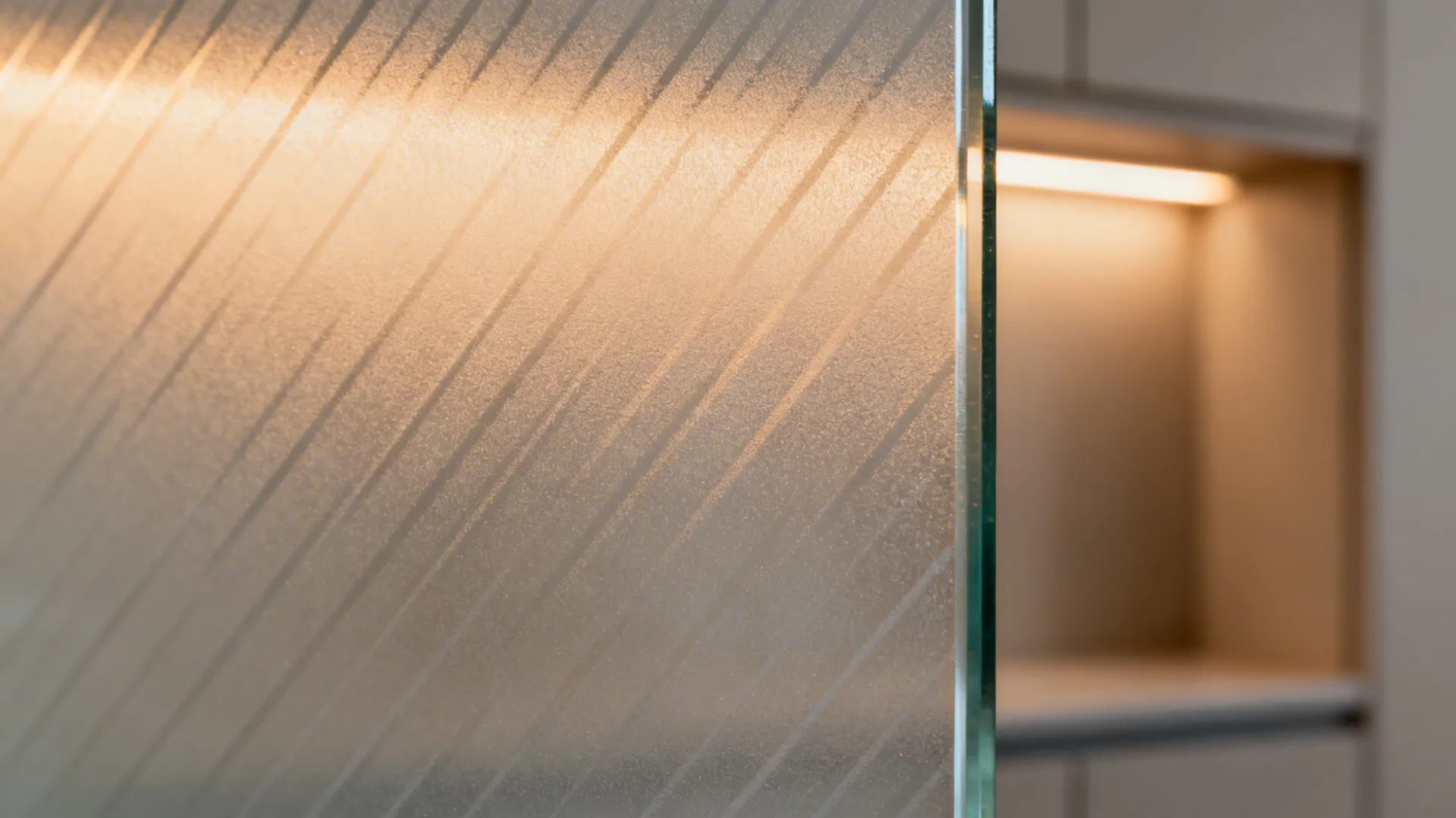 Macro of acid-etched frosted glass with subtle diagonal pattern and warm light.