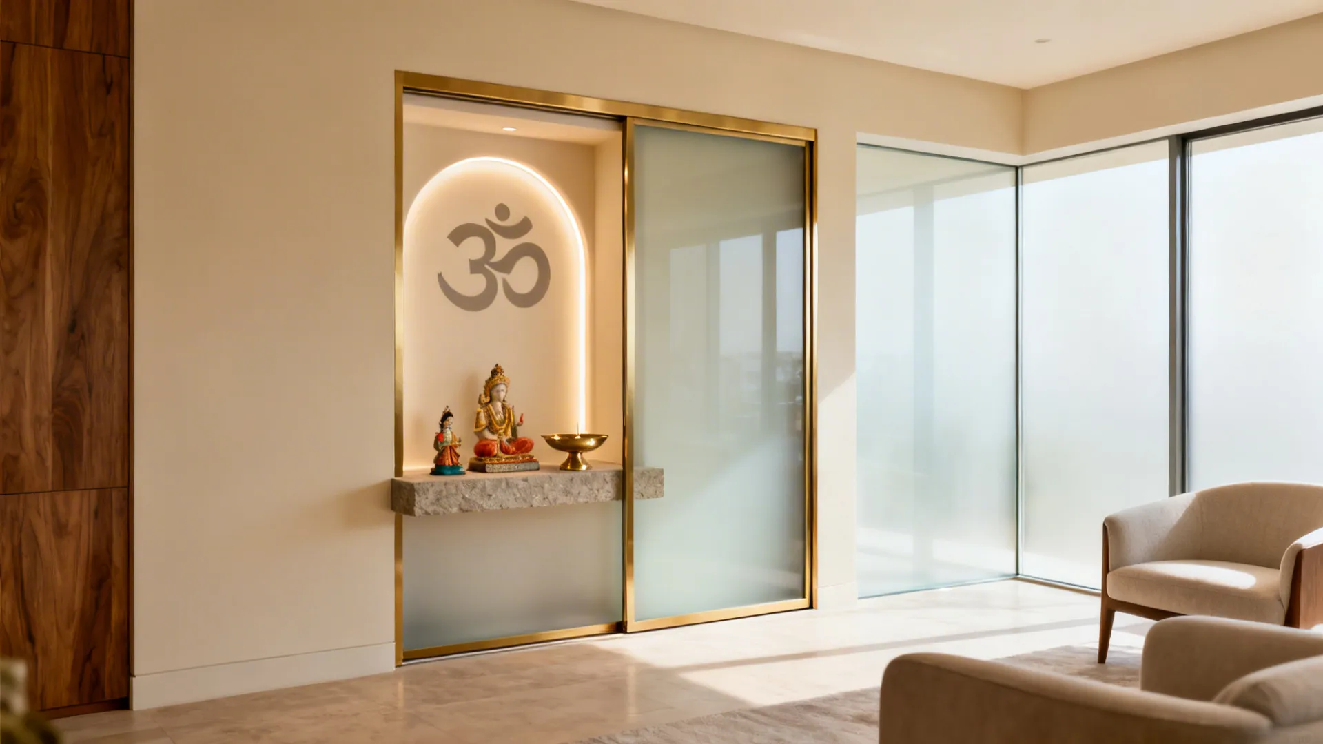 Frosted glass pooja niche with brass trims and a stone plinth in a bright living room.