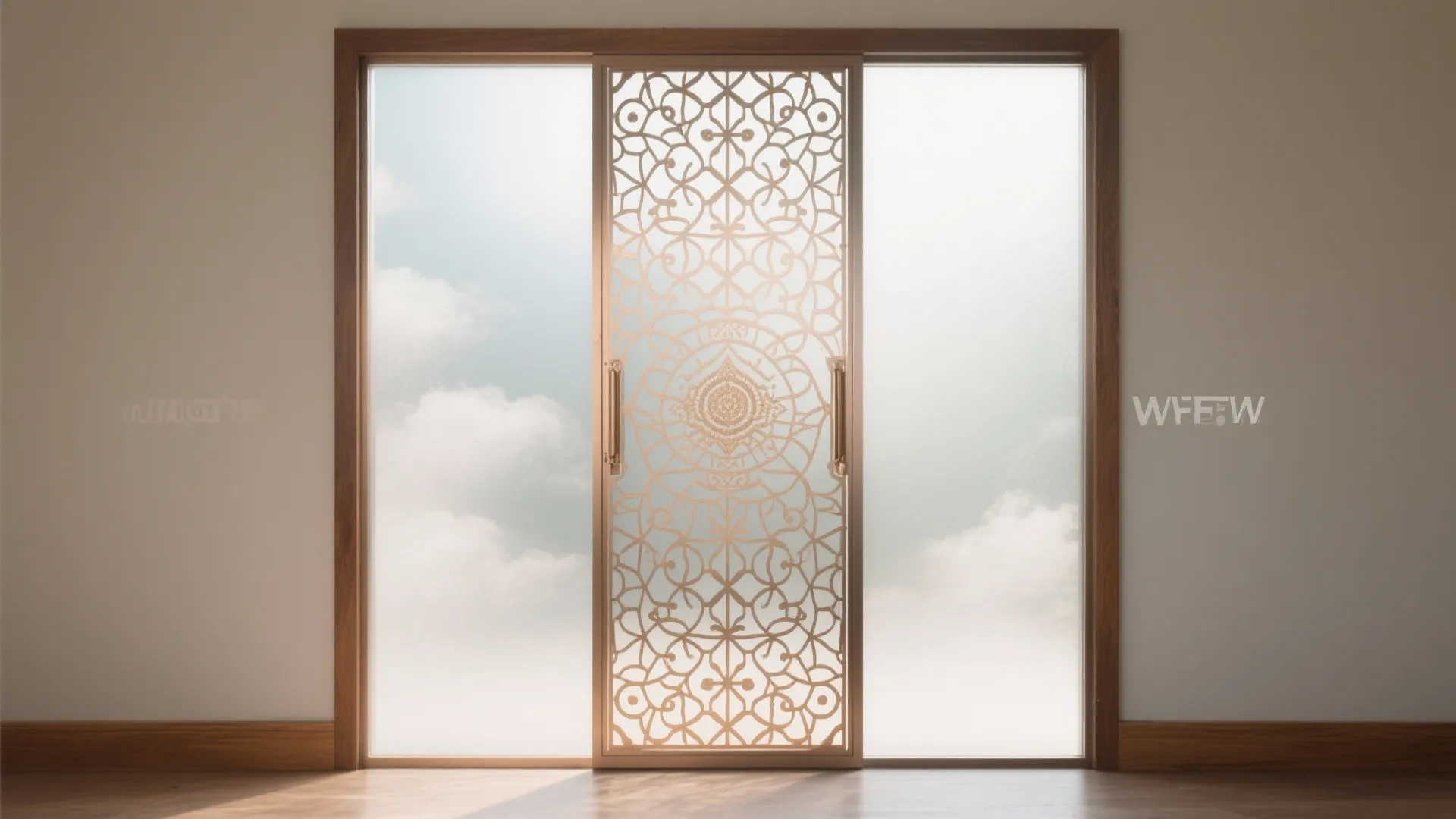 Sliding glass door with decorative pattern showing blue sky and white clouds in modern room