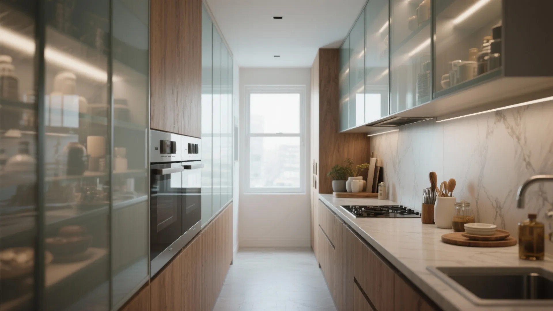 Modern kitchen with wood cabinets glass door wall units white marble countertop and built in ovens