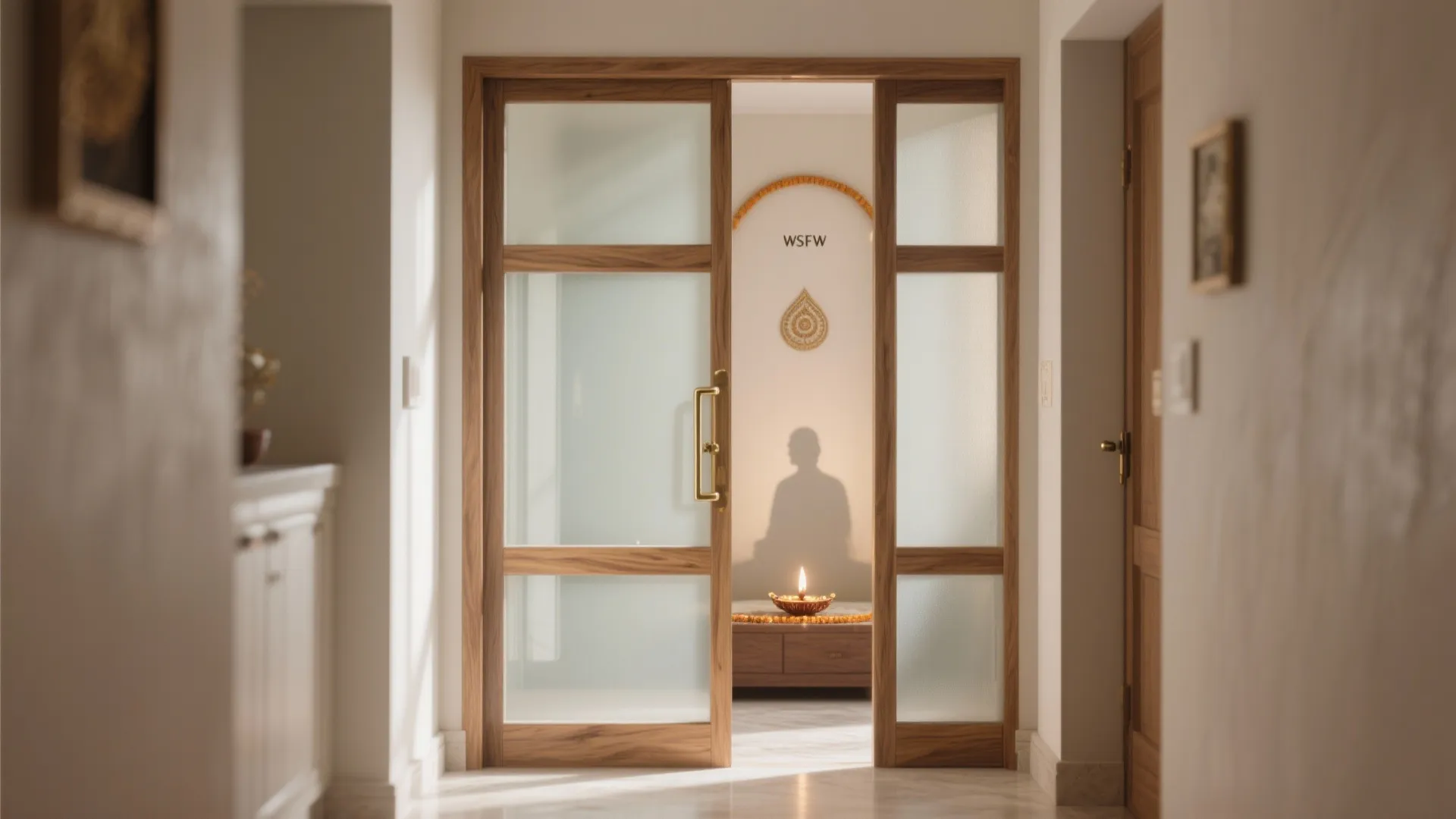 Sliding wood door with frosted glass panels opening into room with a single warm candle