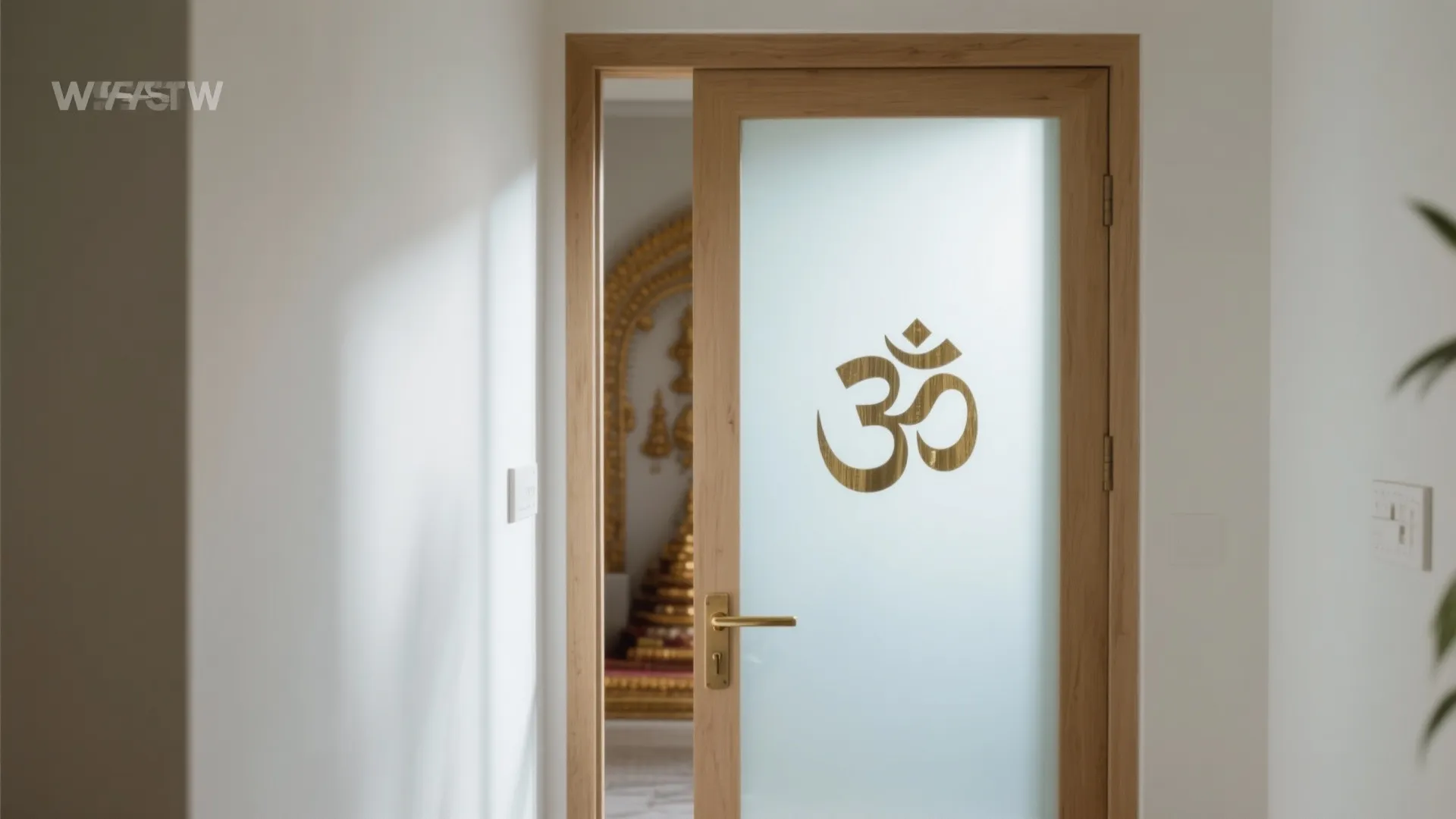 Wooden door with frosted glass featuring gold symbol opening to a room with gold statue