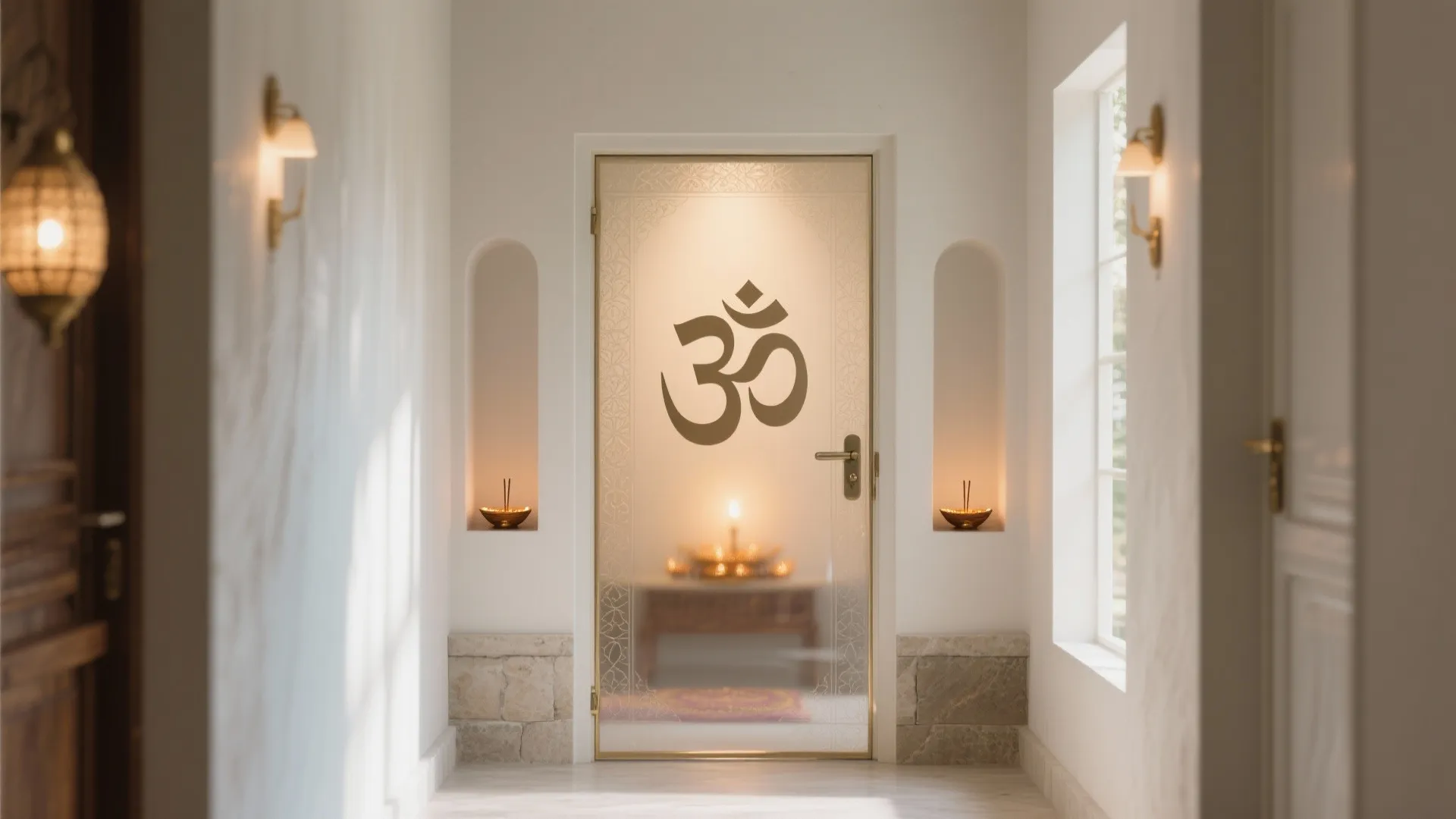 Frosted glass single door with etched mantra