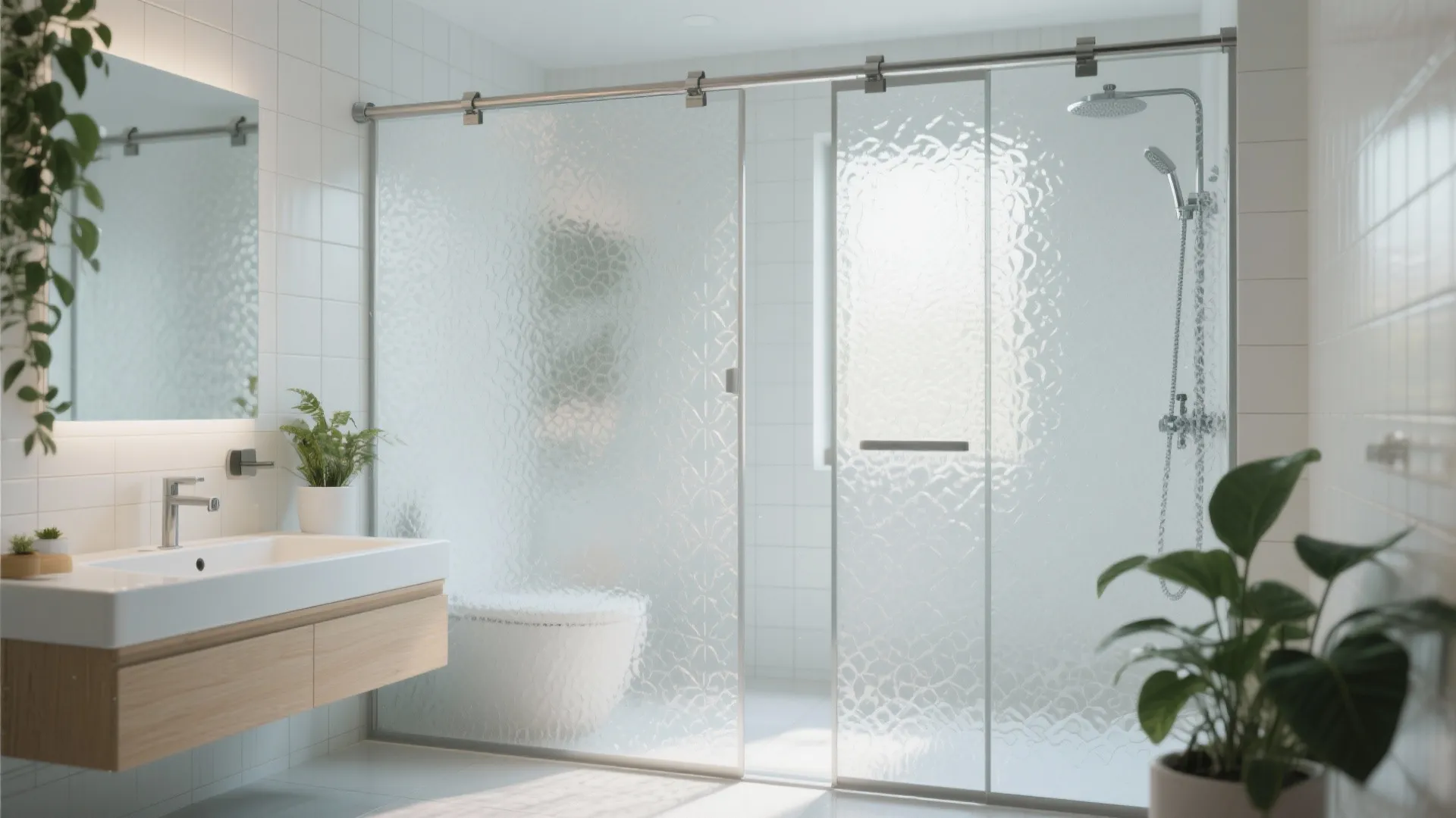 Modern bathroom interior with white sink cabinet, textured glass shower door, and green potted plants