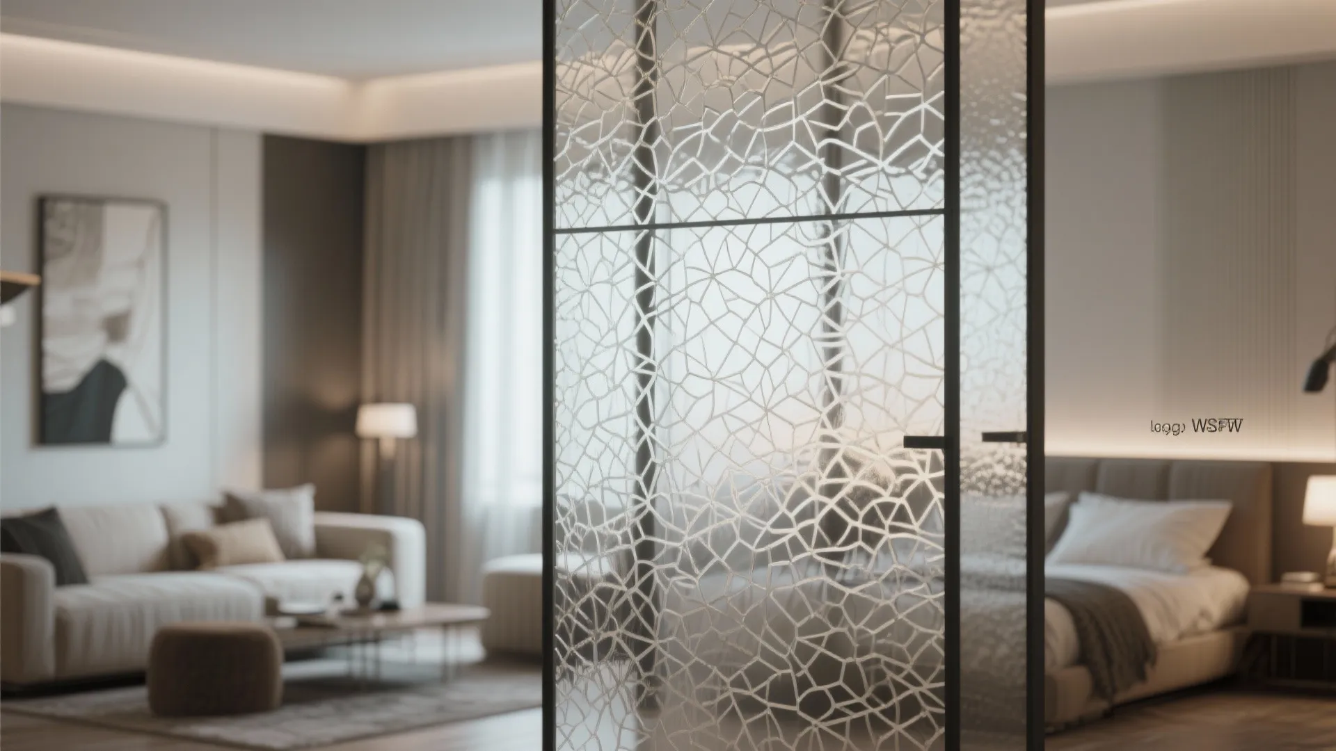 Decorative glass wall with pattern separating modern living room and bedroom with bed and sofa