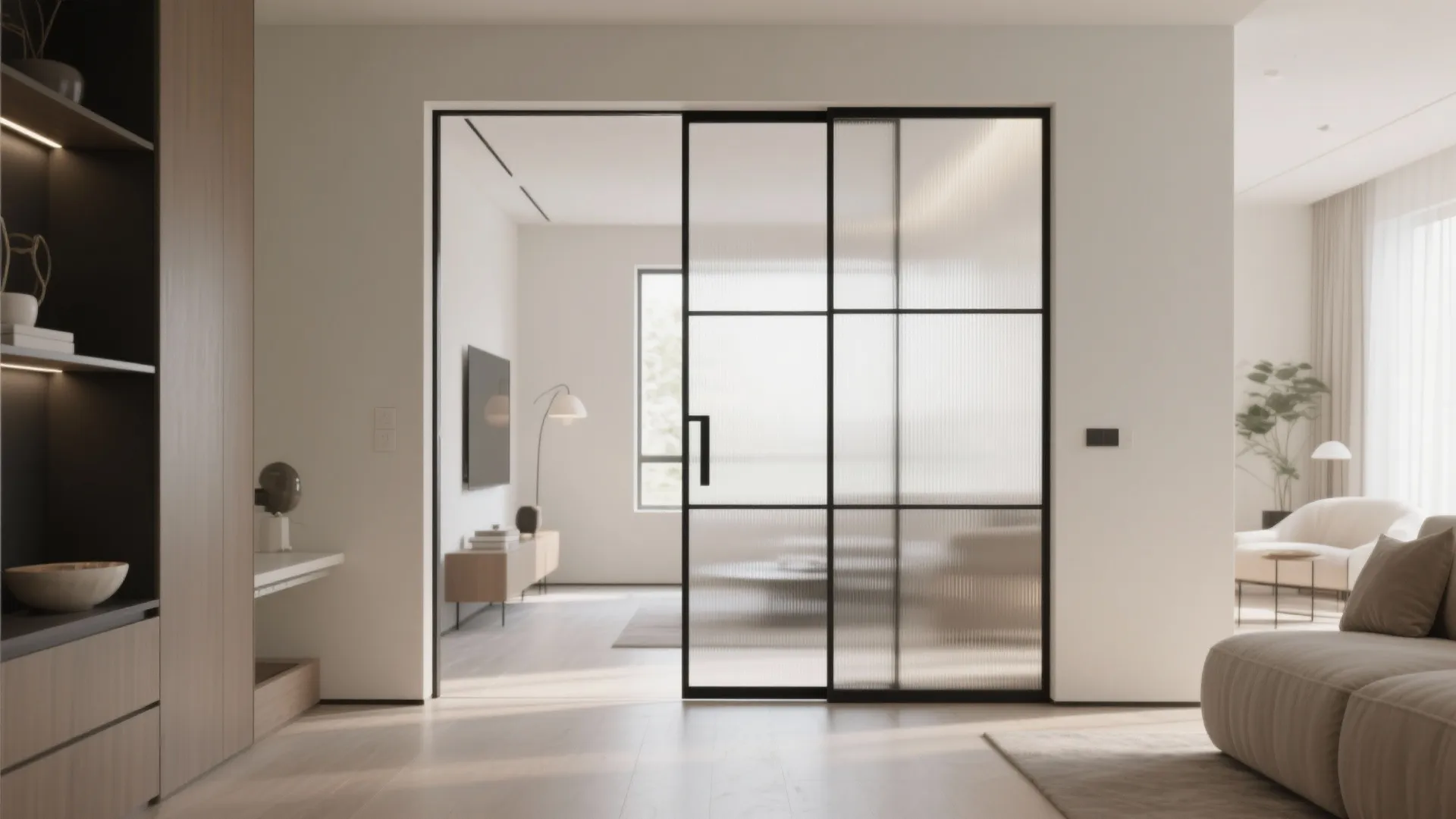 Modern living room seen through a black framed sliding glass door with ribbed frosted glass