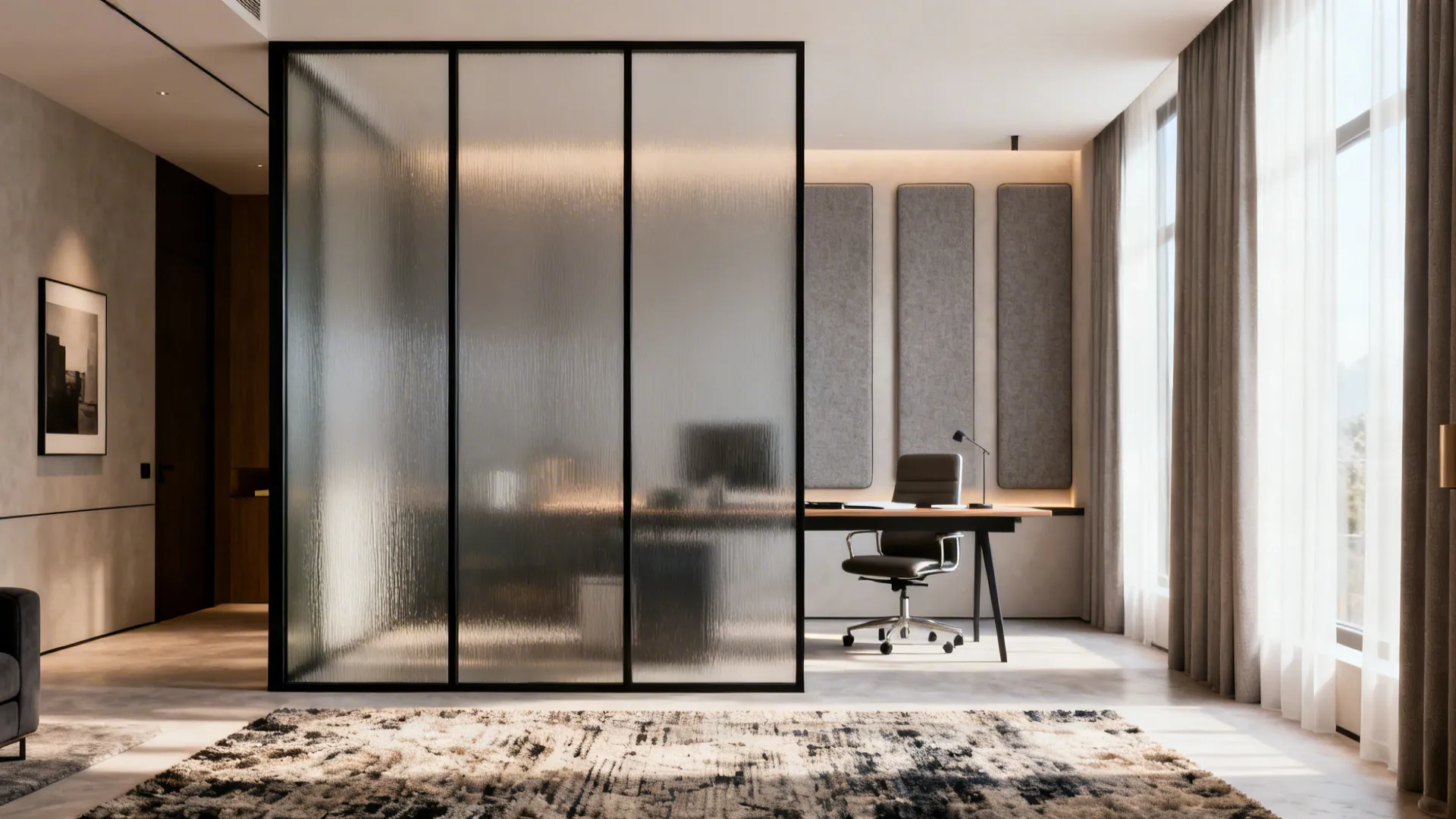 Frosted glass partition in a studio creating a quiet, light-filled home office nook.