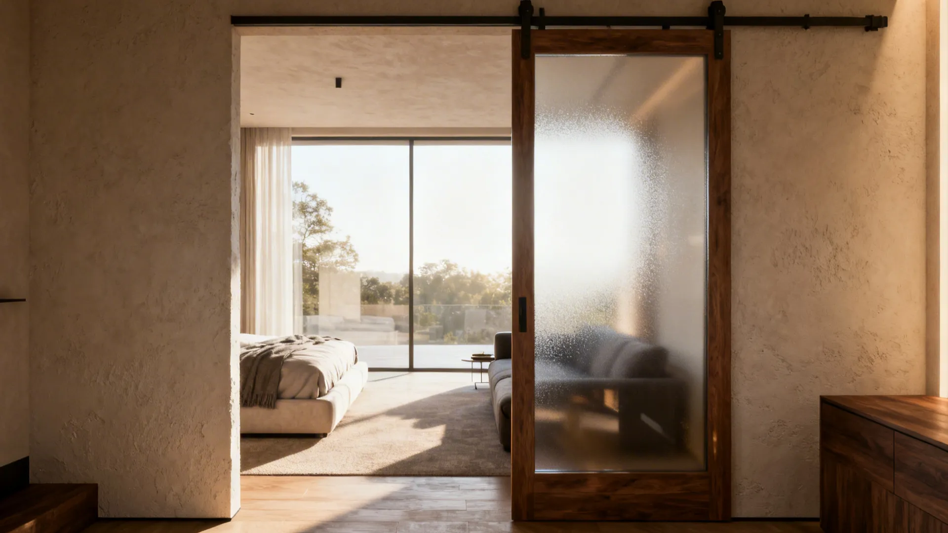 Partial plaster wall with frosted glass partition separating bed and living area