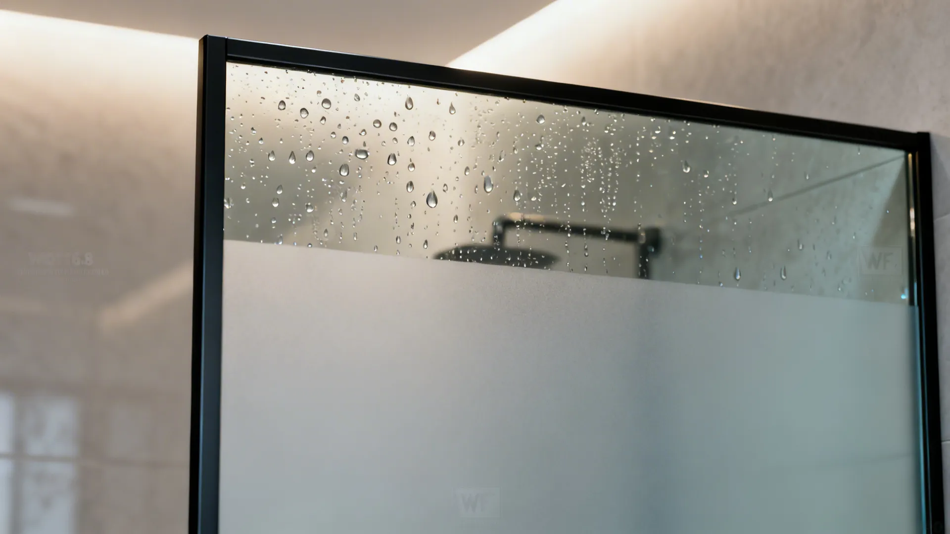 Half-height glass partition with frosted lower panel and slim black frame in a shower.