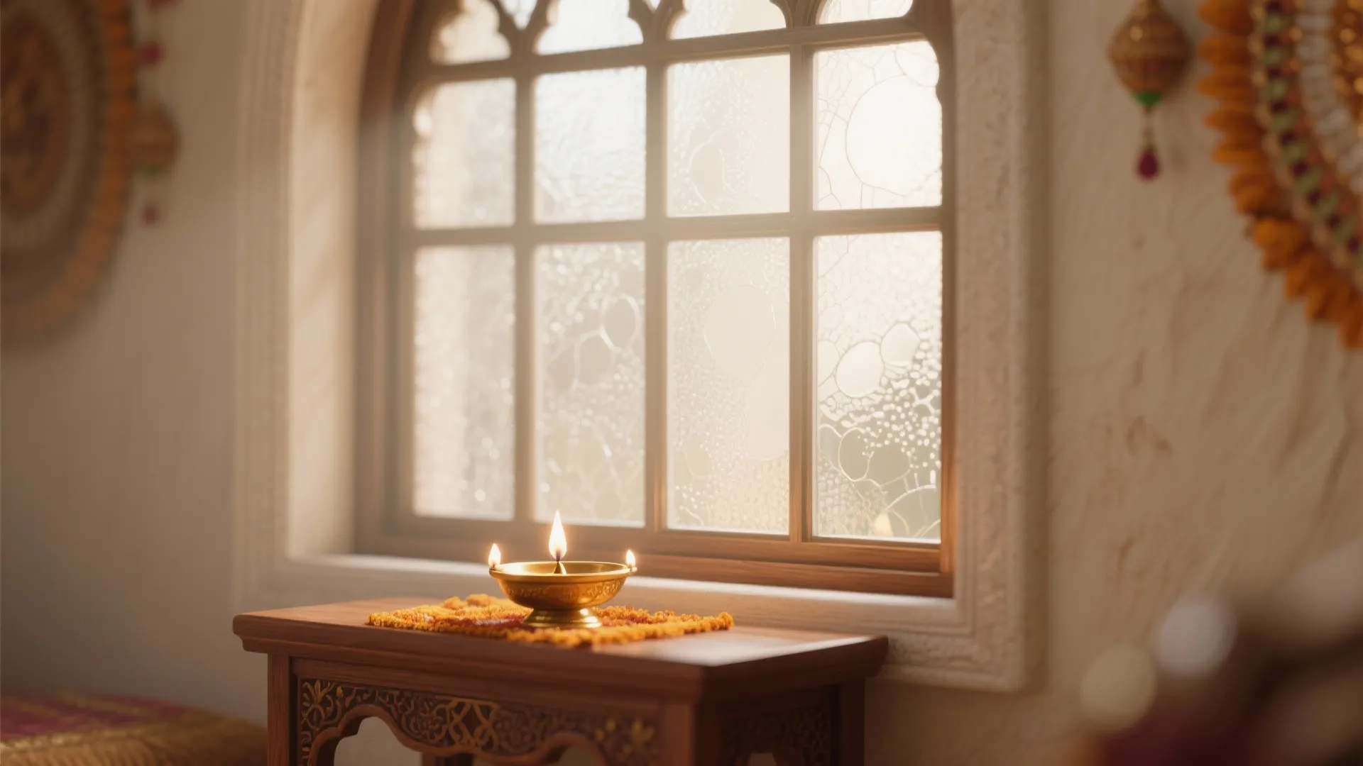 Small brass oil lamp on wooden table near frosted glass window with warm soft morning light
