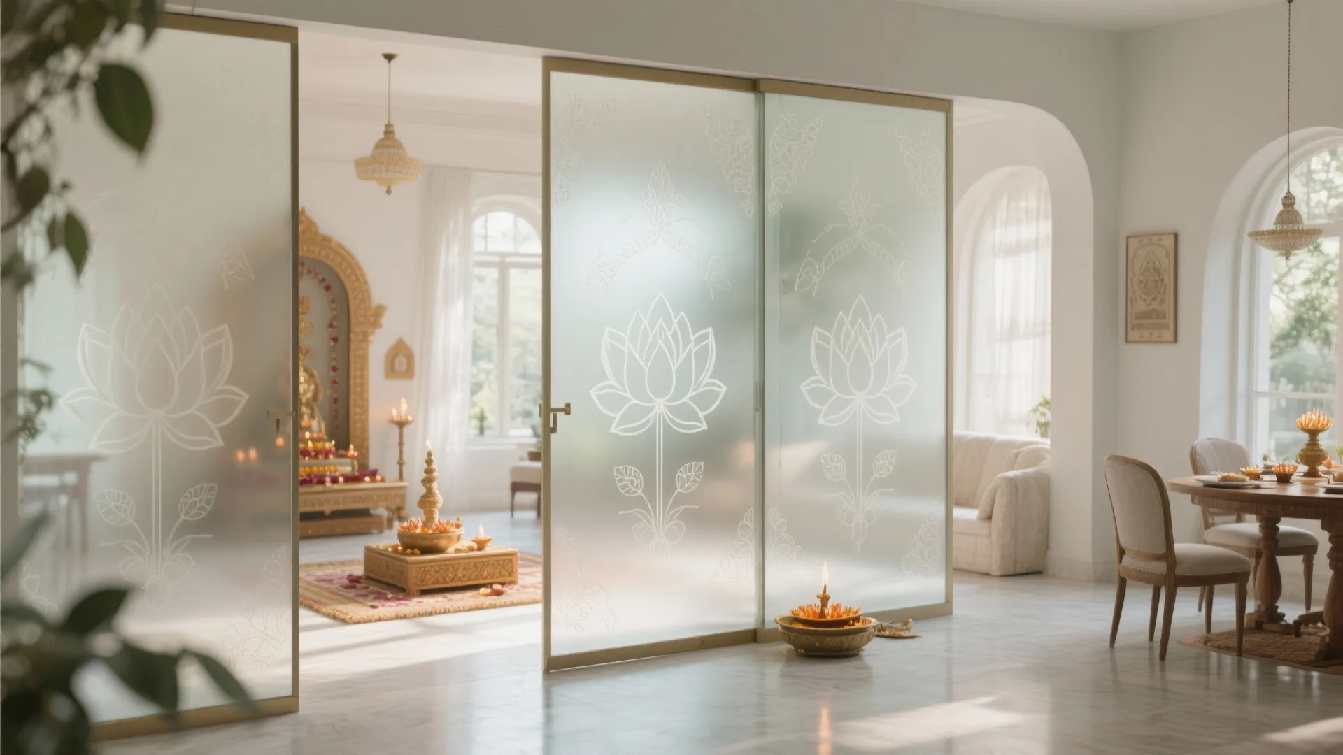 Bright dining area separated from prayer room by frosted glass sliding doors with flower designs