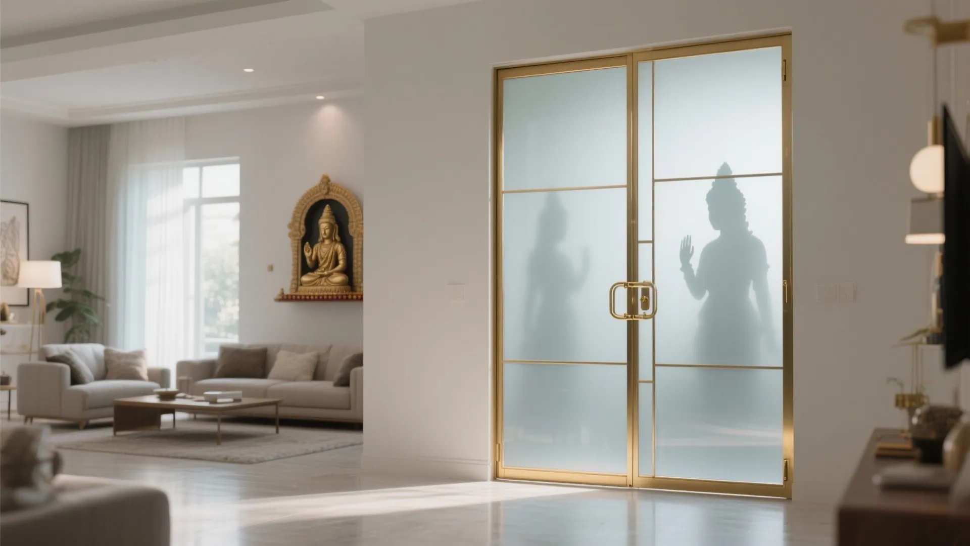 Modern living room with frosted glass sliding doors featuring gold frames and a buddha statue