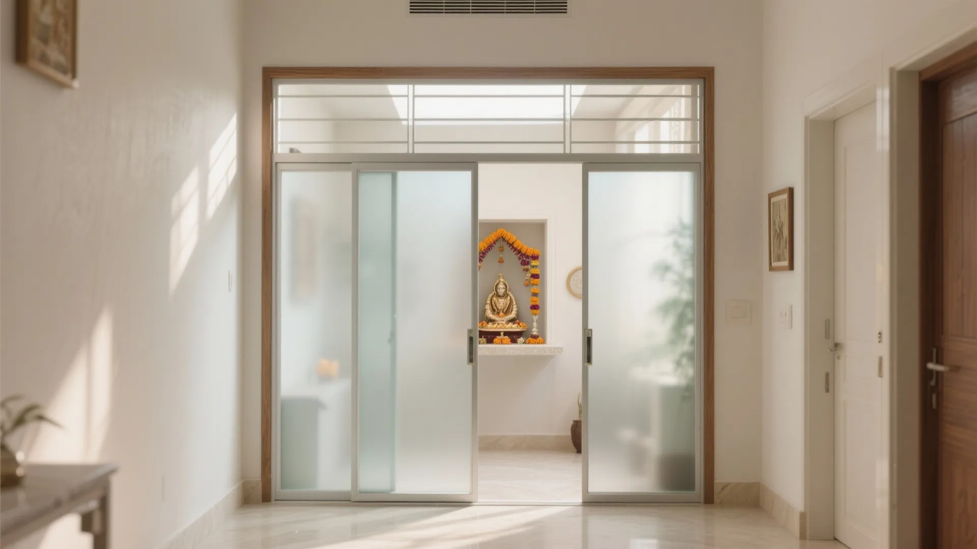 Compact pooja nook with frosted glass doors that glow with soft daylight.