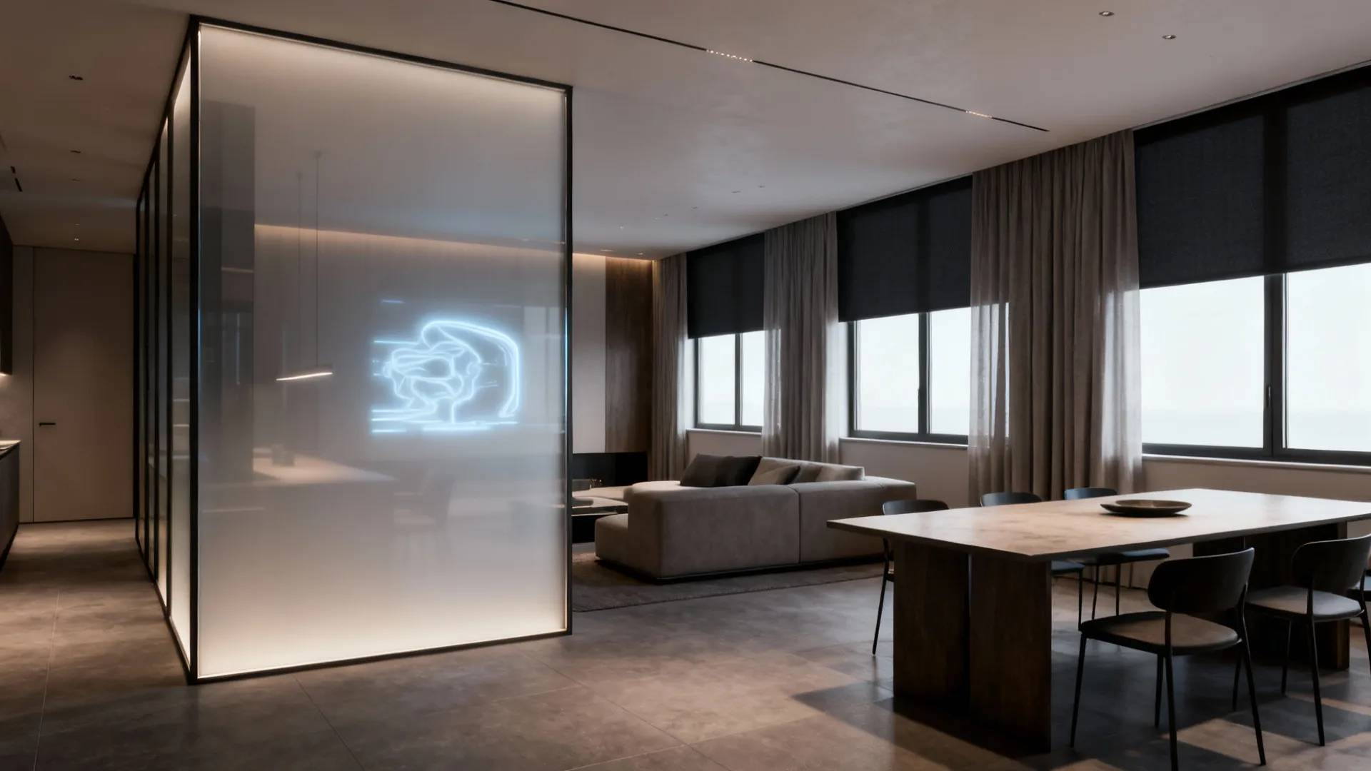 Modern apartment with a frosted glass panel used for rear projection between living and dining areas