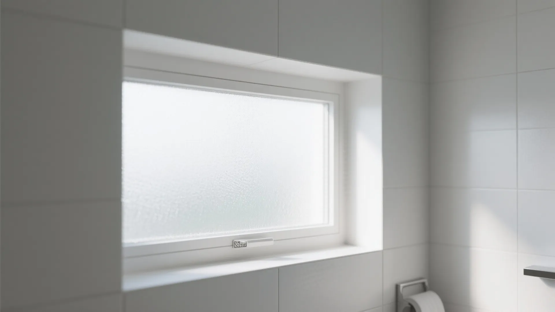 Small frosted glass window installed in white tiled bathroom wall providing privacy and soft light