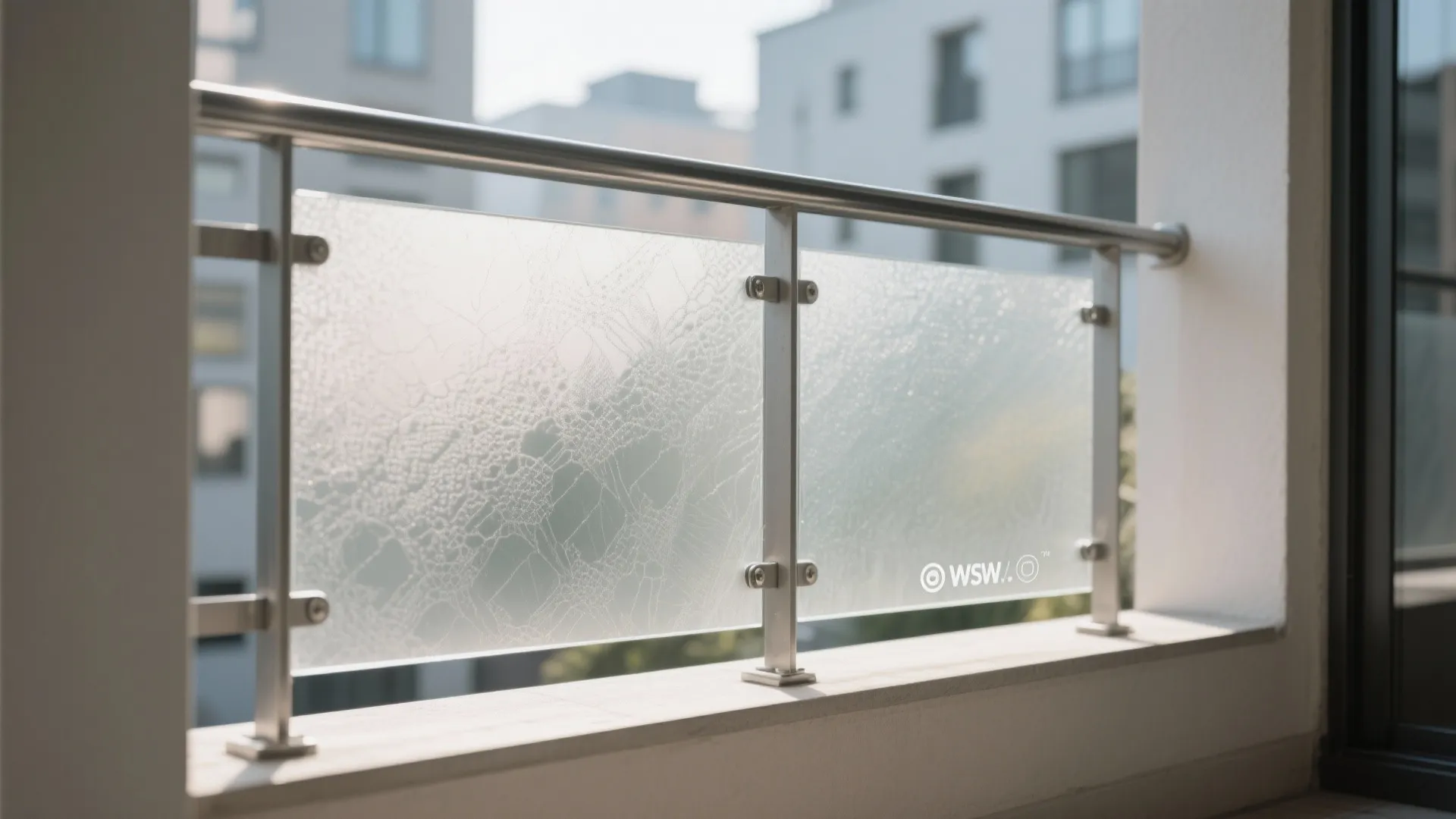 Macro detail of frosted glass balcony screen diffusing daylight with stainless brackets.