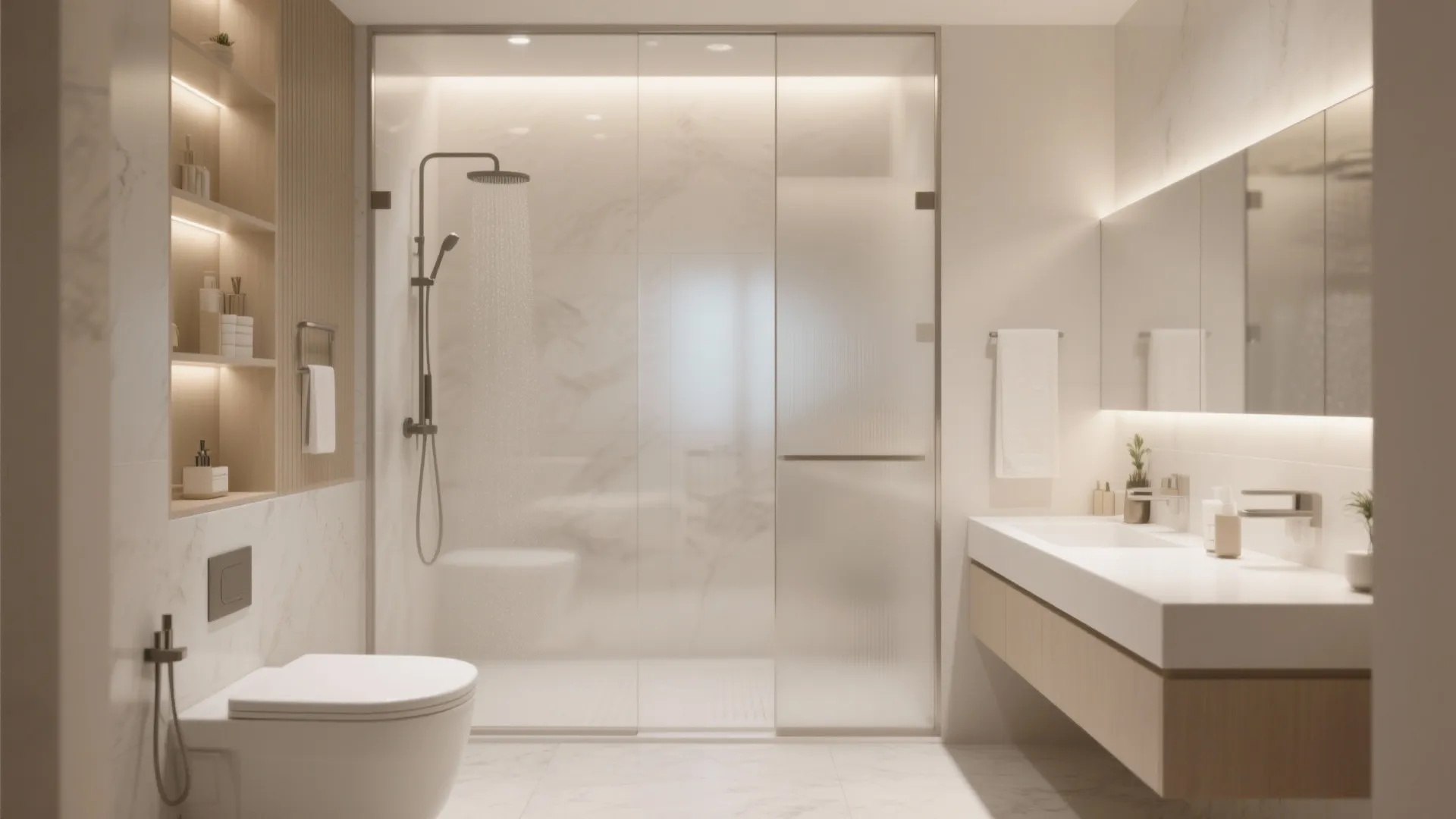 Minimalist bathroom design with frosted glass shower screen white toilet wood cabinet and recessed wall shelves