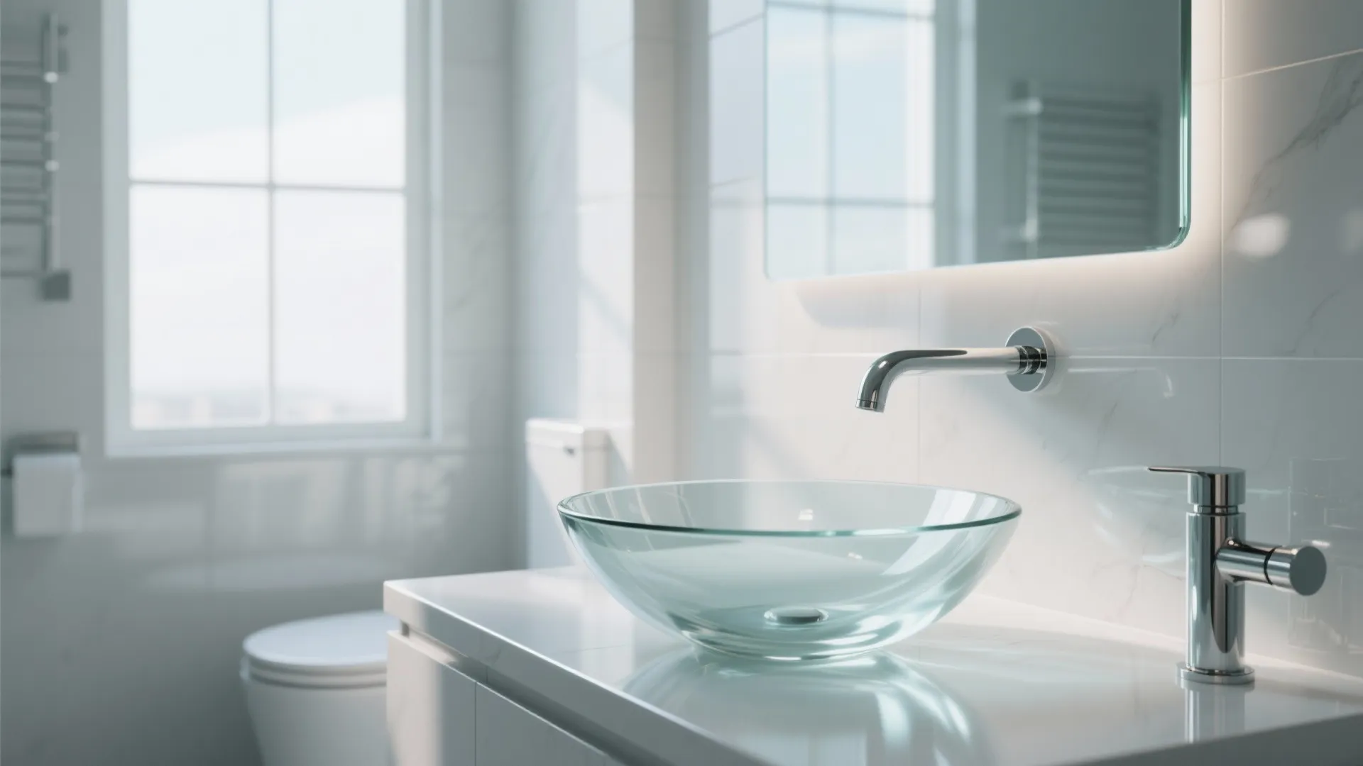 Frosted glass vessel sink in a bright minimalist bathroom