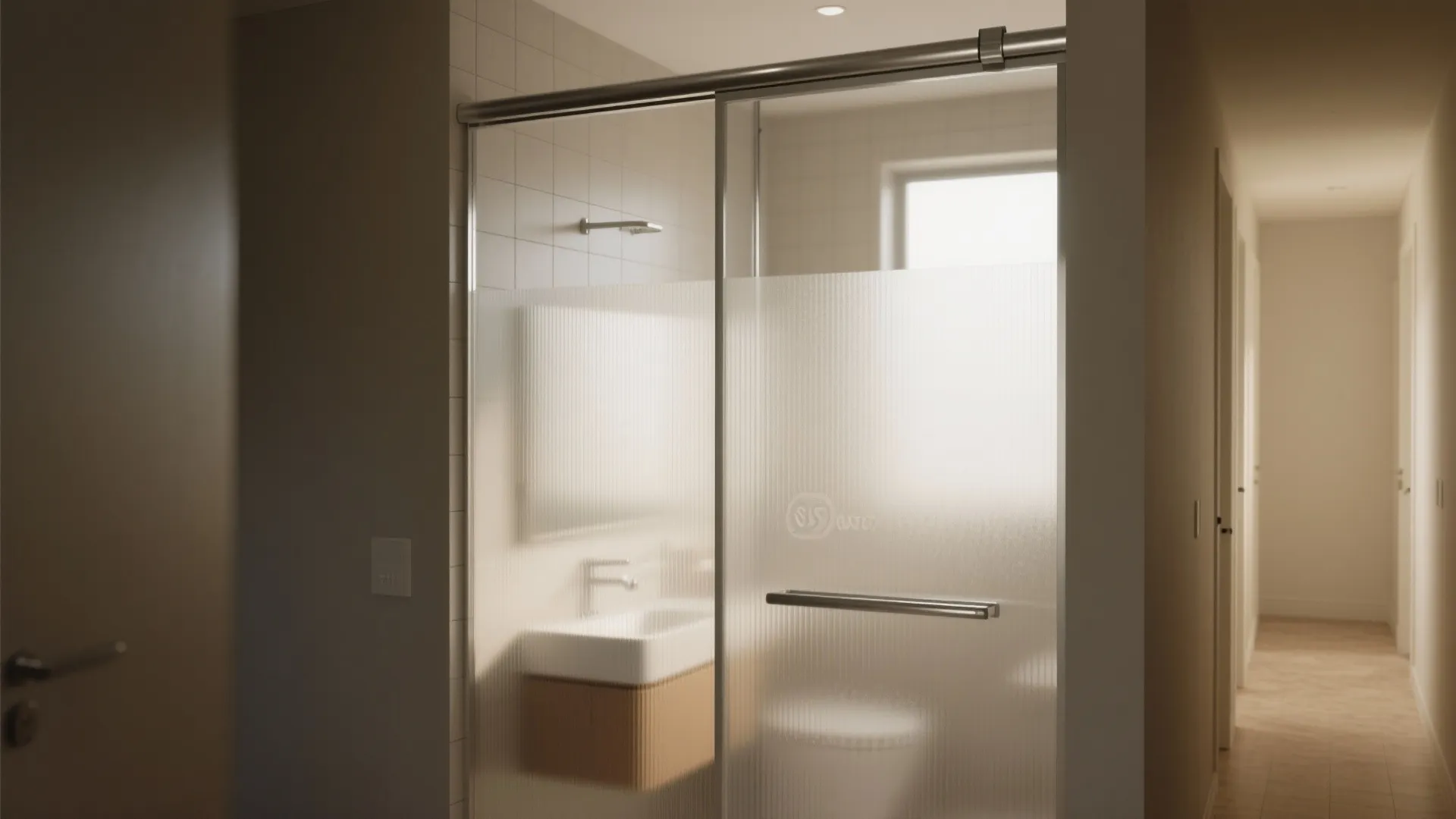 Frosted glass sliding door letting soft daylight into a windowless bathroom, showing aluminum track and neutral decor.