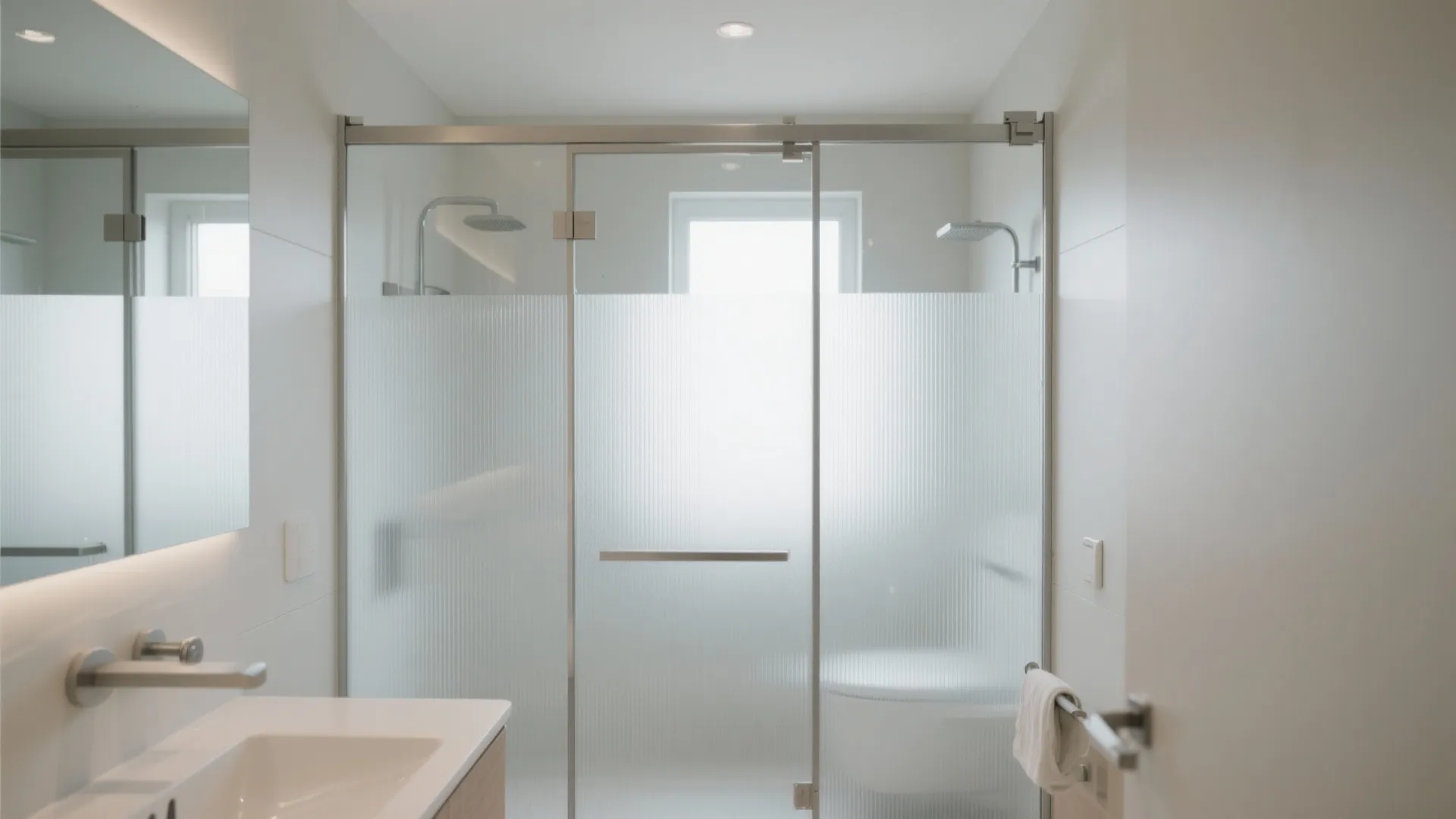Minimalist bathroom interior with frosted glass sliding shower door white sink and clean white walls