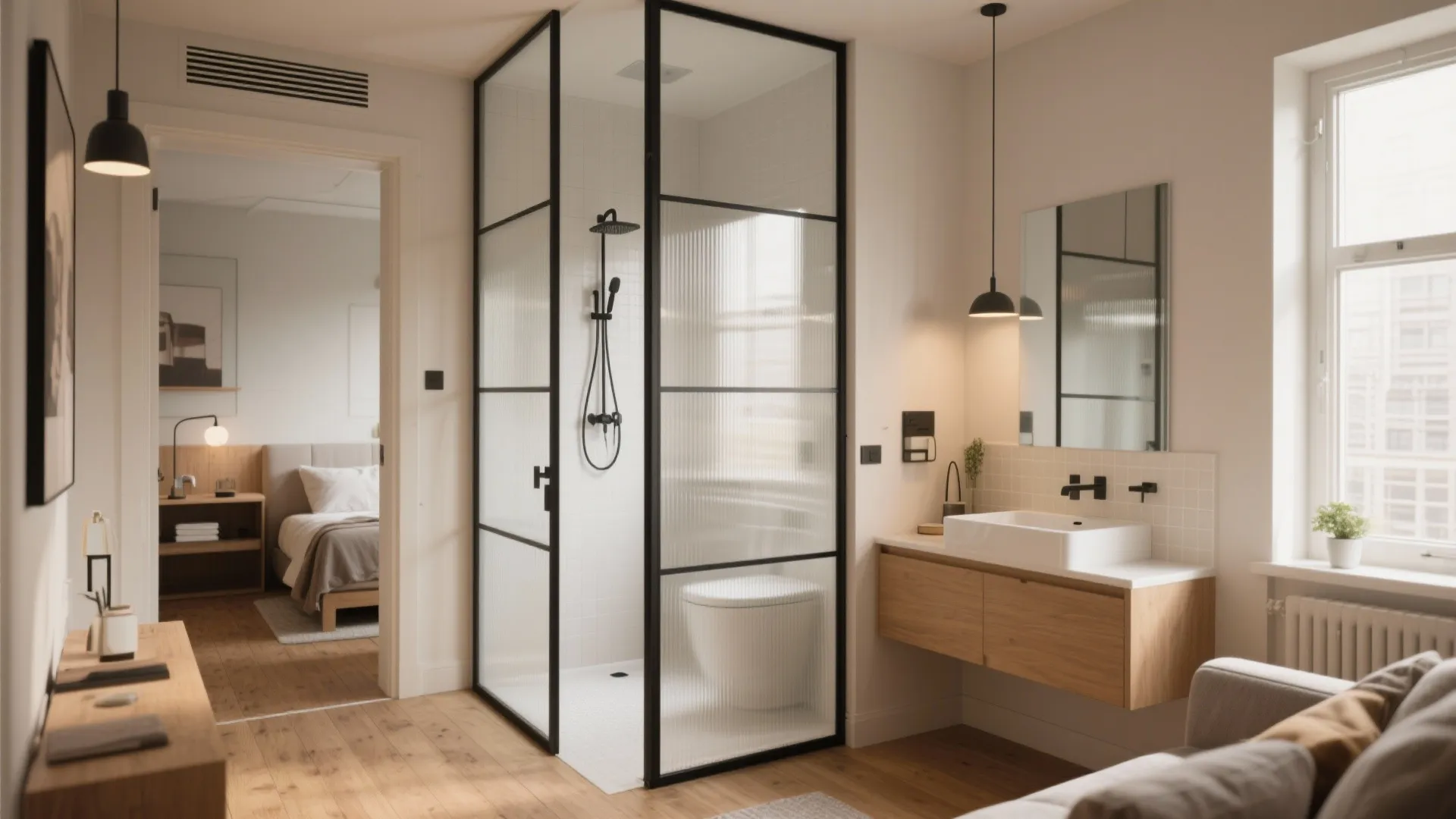Open studio apartment layout with glass shower box wood vanity sink and view of bedroom