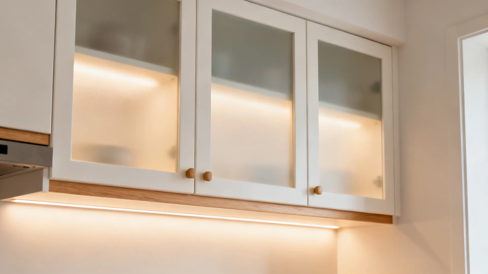 Frosted glass cabinet doors softly diffuse LED lighting in a compact kitchen.