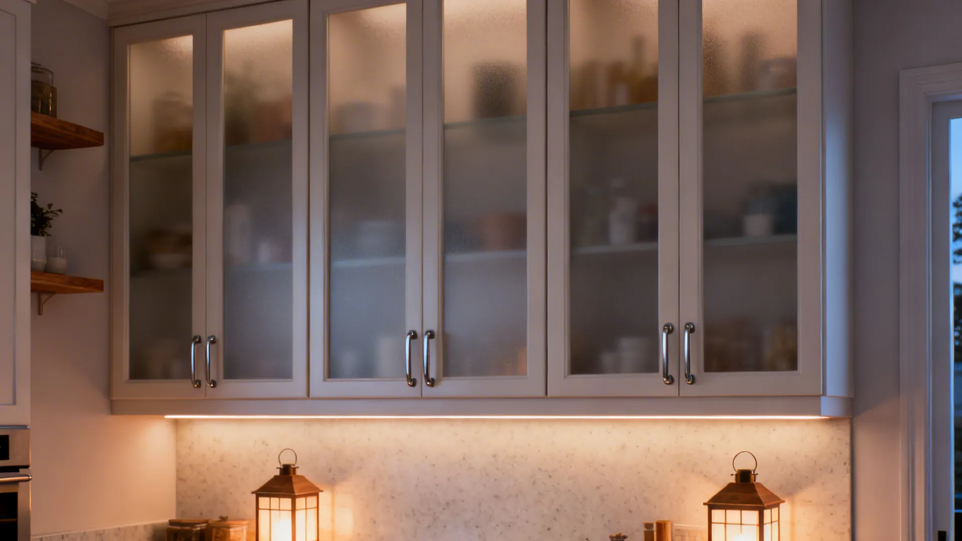 Frosted glass upper kitchen cabinets glowing with warm LED lighting.