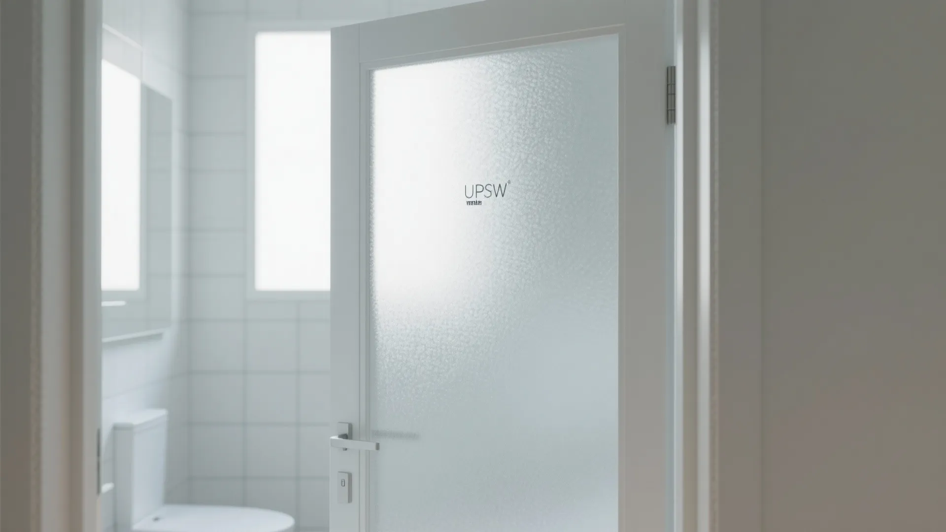 Minimalist white bathroom with frosted glass door tiled walls toilet and bright window lighting scene