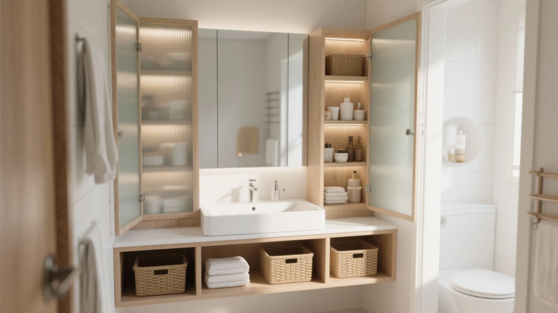 Small vanity with frosted glass inset doors and organized internal baskets