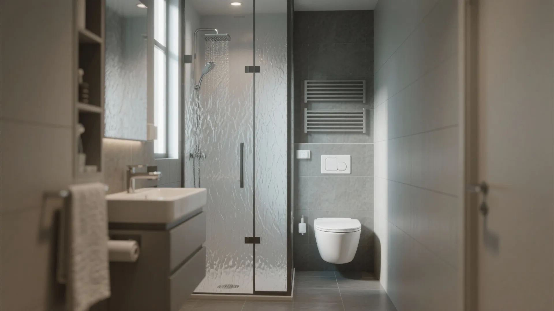 Wet room with frosted glass screen separating a bright WC corner, daylight softly diffused.