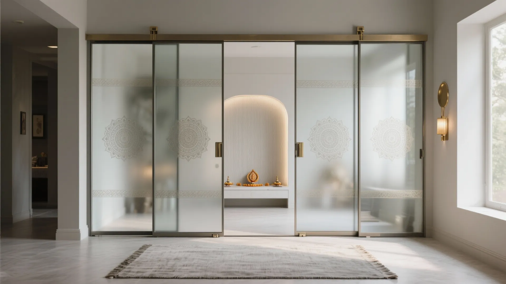 Modern frosted glass sliding doors with patterned details leading into a bright prayer room area