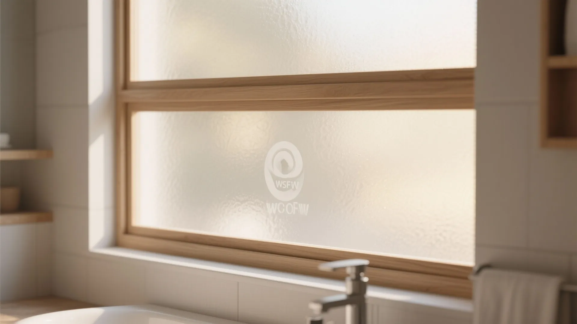 Modern bathroom with frosted glass windows, wooden frames, chrome faucet, white tiles, and natural sunlight
