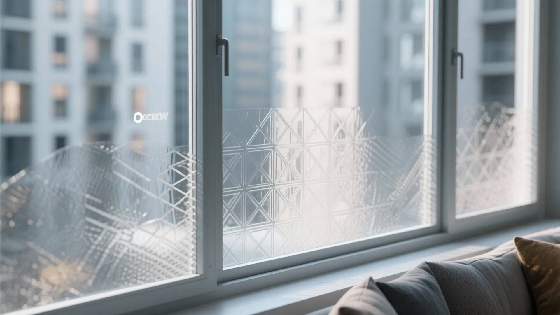 Close up of white window with geometric frosted film design and blurry city buildings outside view