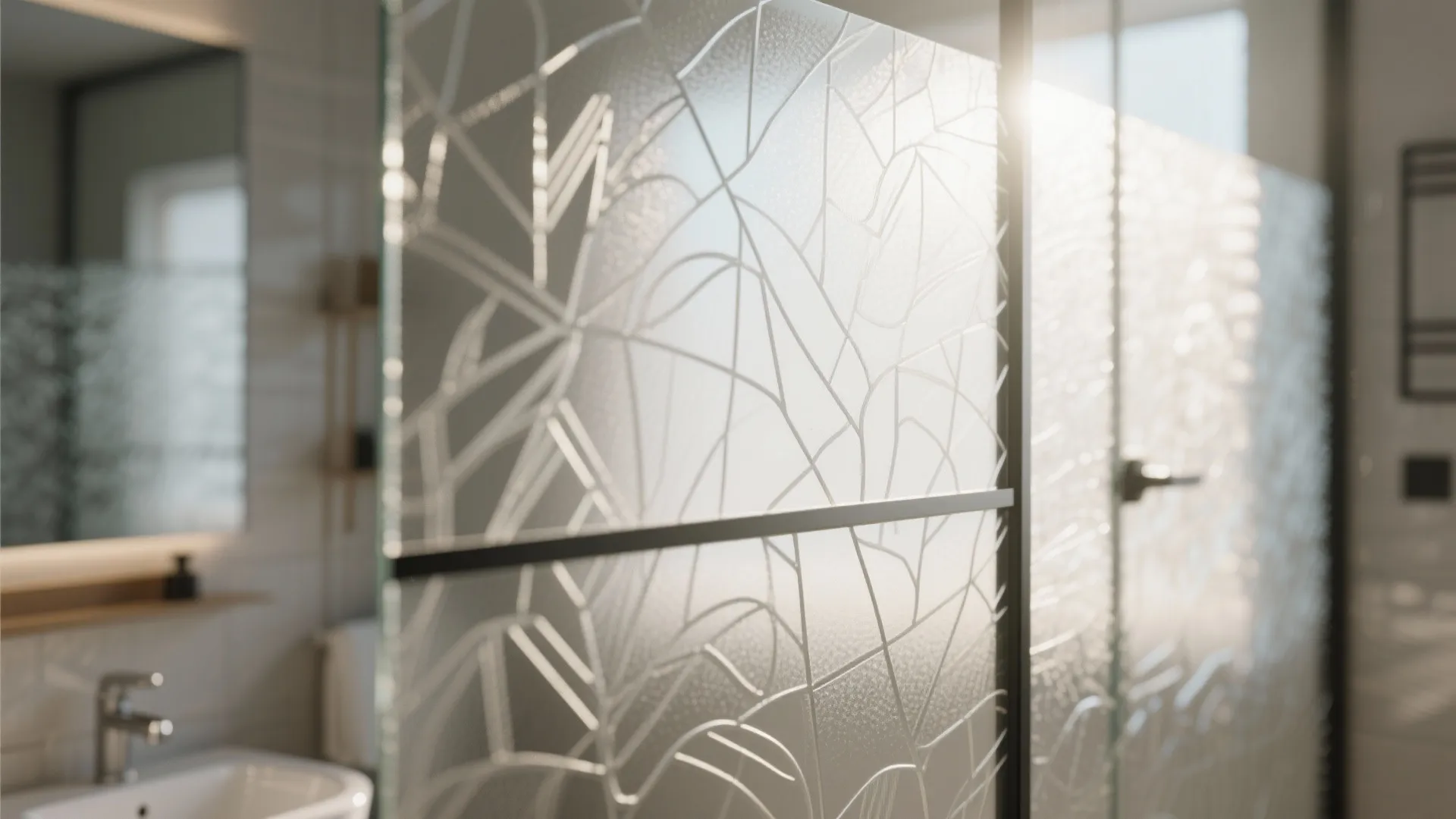 Frosted bathroom window with etched design letting light in