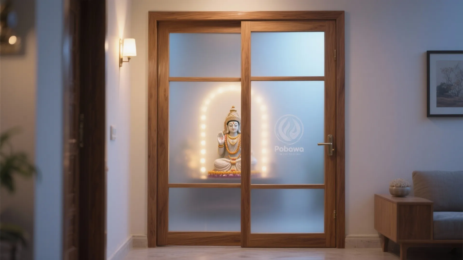 Frosted glass pooja door with oak frame diffusing warm shrine light.