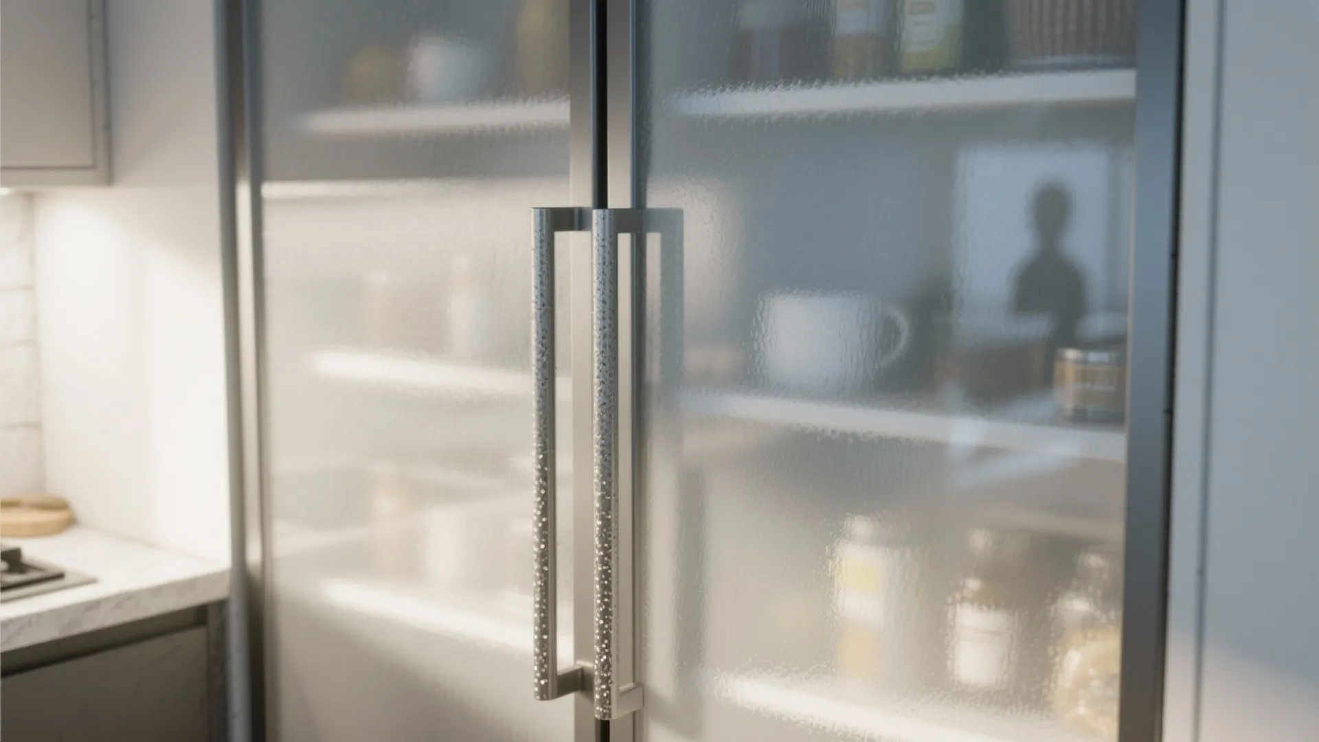 Close up of a frosted glass cabinet door with long silver handles in a kitchen
