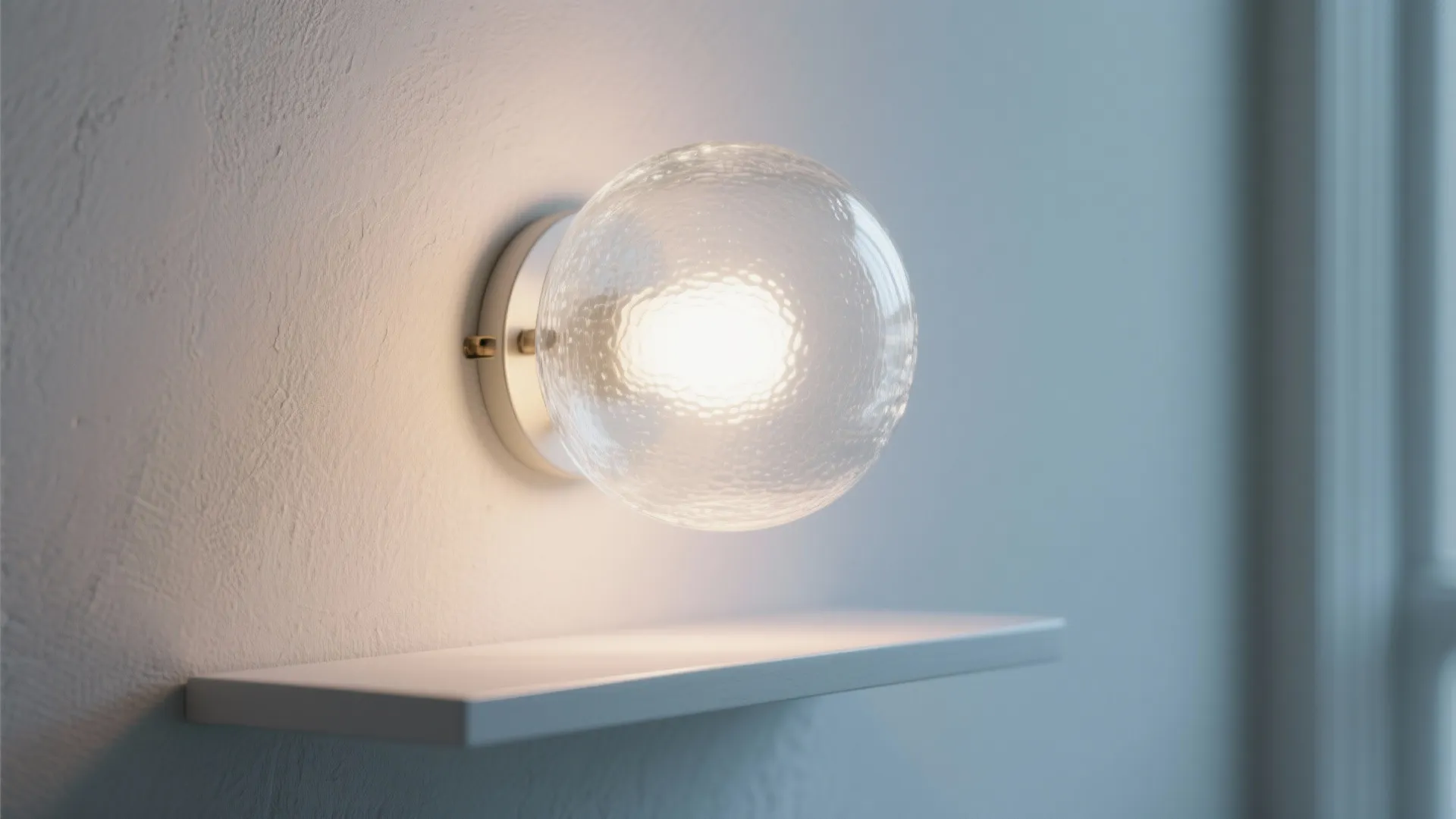 Modern round wall light glowing above a white shelf on a textured neutral colored wall