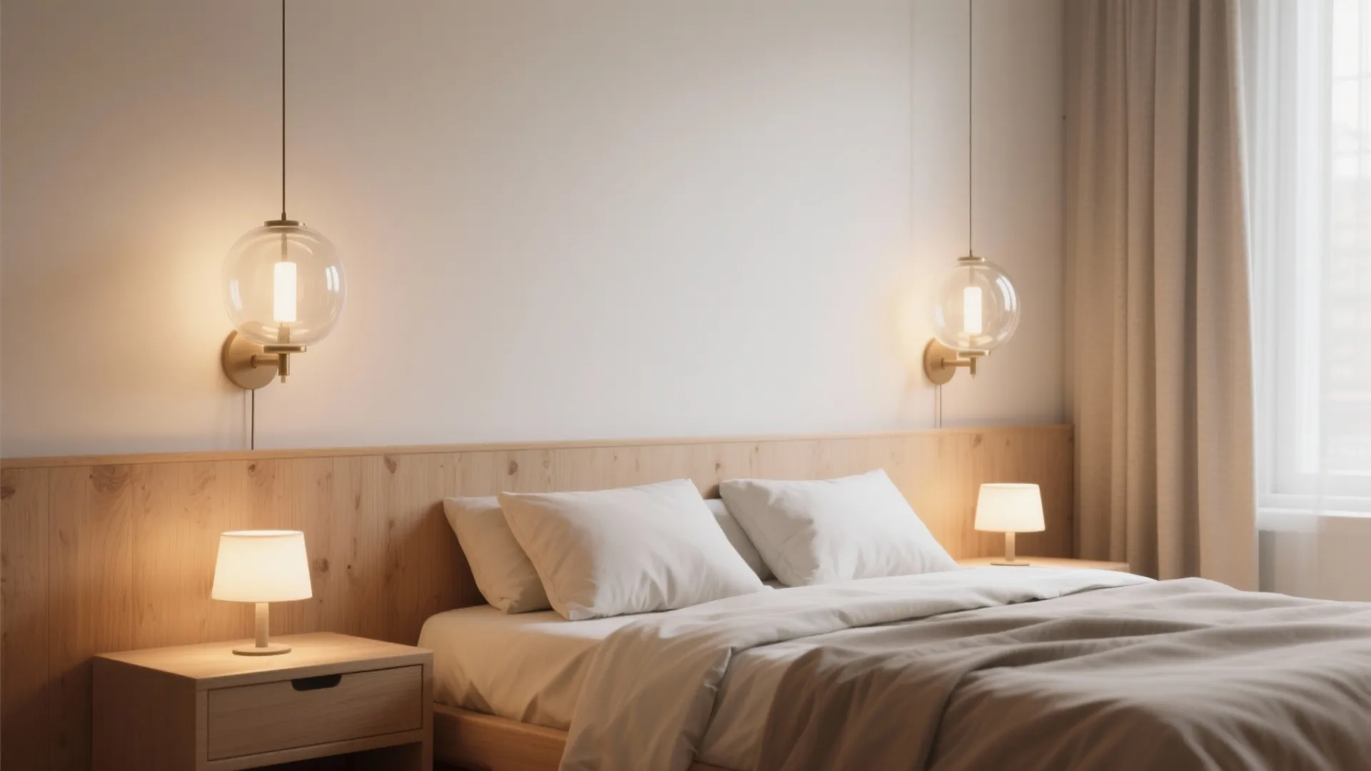 Bedroom with frosted glass globe wall lamps casting soft ambient light above bedside