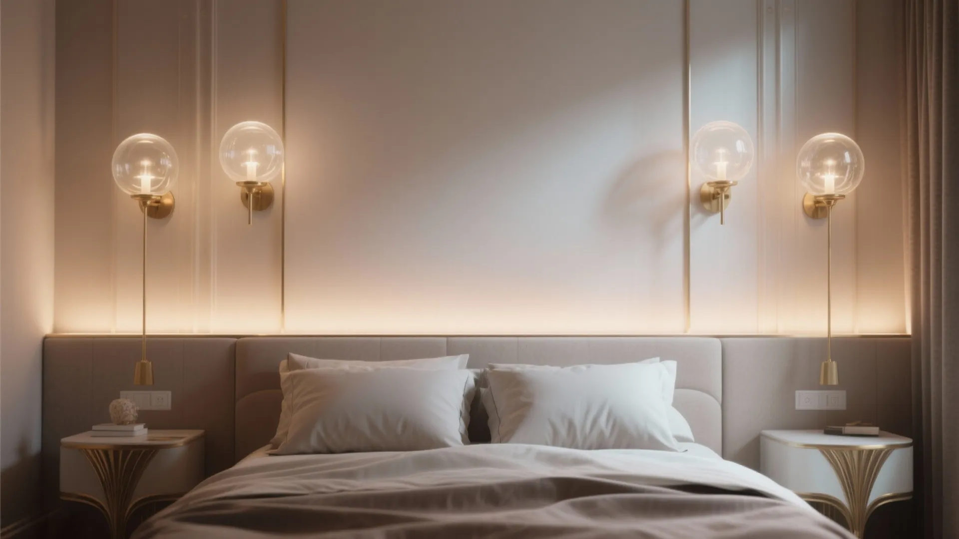 Luxury bedroom with white bed warm wall lights gold wall panel details and bedside tables
