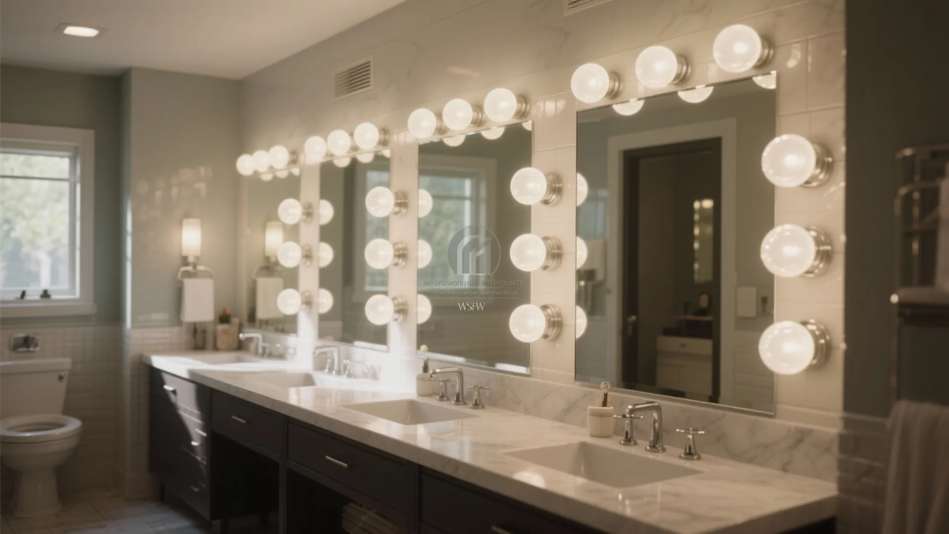 Modern bathroom with white marble counter, dark cabinets, and large mirrors with round light bulbs