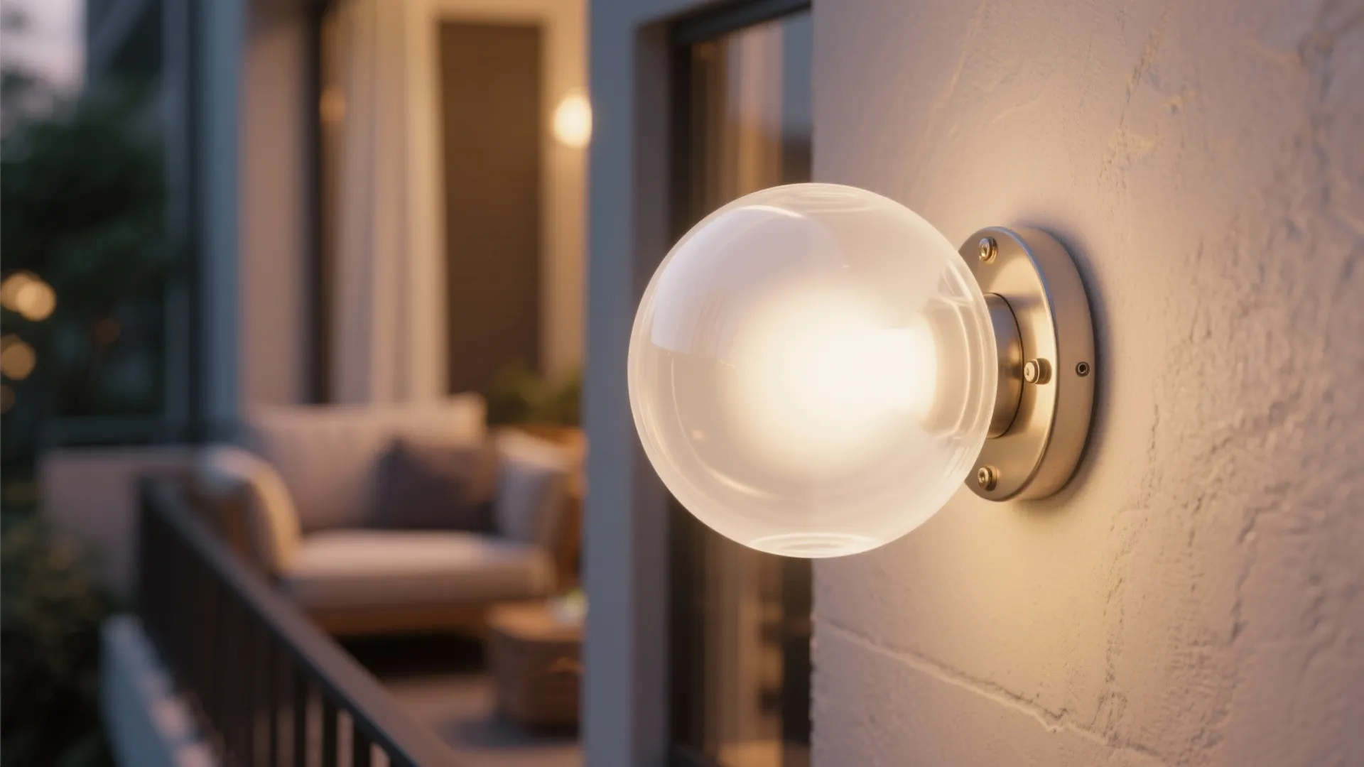 Close-up of a frosted globe wall lamp softly diffusing warm light on a small balcony.
