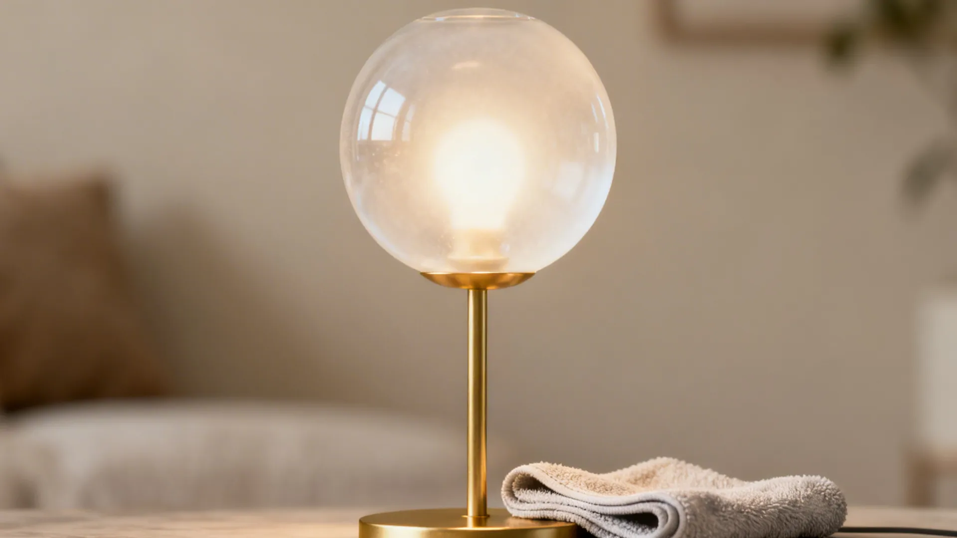 Frosted glass globe lamp on a gold stem emitting soft diffused light in a cozy corner.