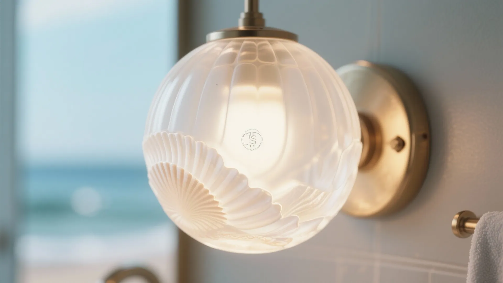 Close up of round frosted glass wall light with seashell pattern in a coastal bathroom